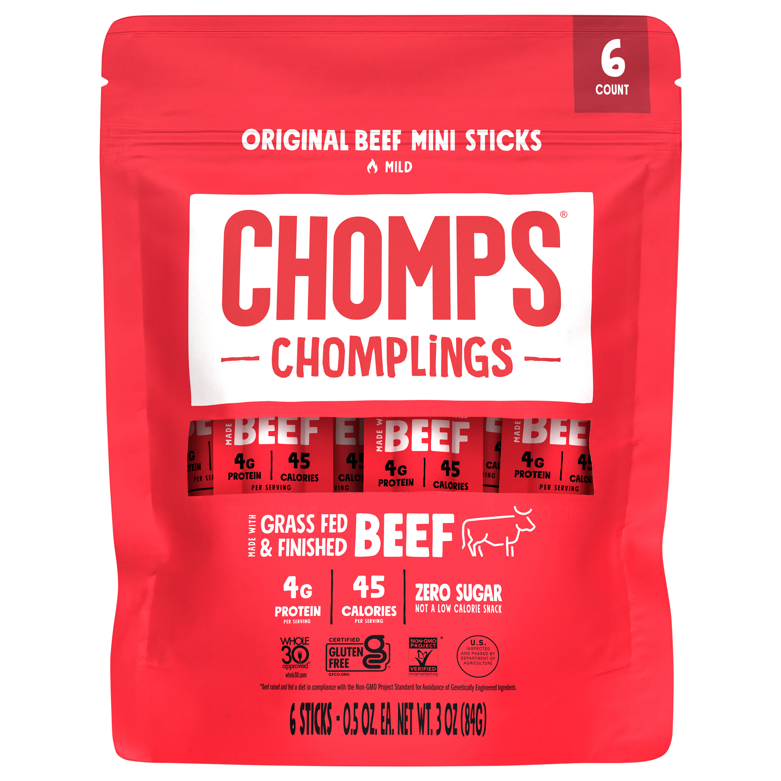 Chomps Mini Grass-Fed and Finished Original Beef Chomplings 6 Pack,