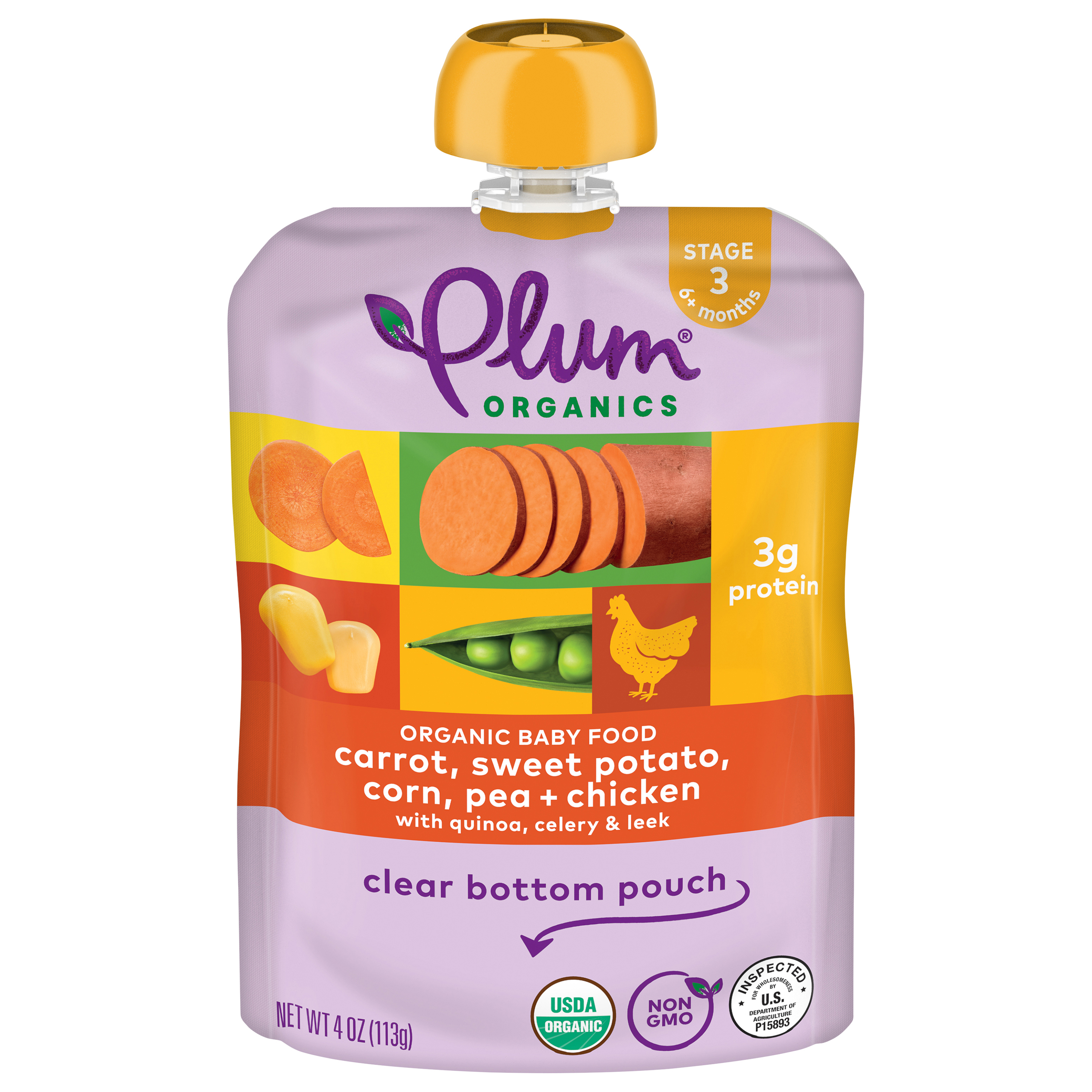 Plum Organics® Stage 3 Organic Carrot, Sweet Potato, Corn, Pea + Chicken 4oz Pouch