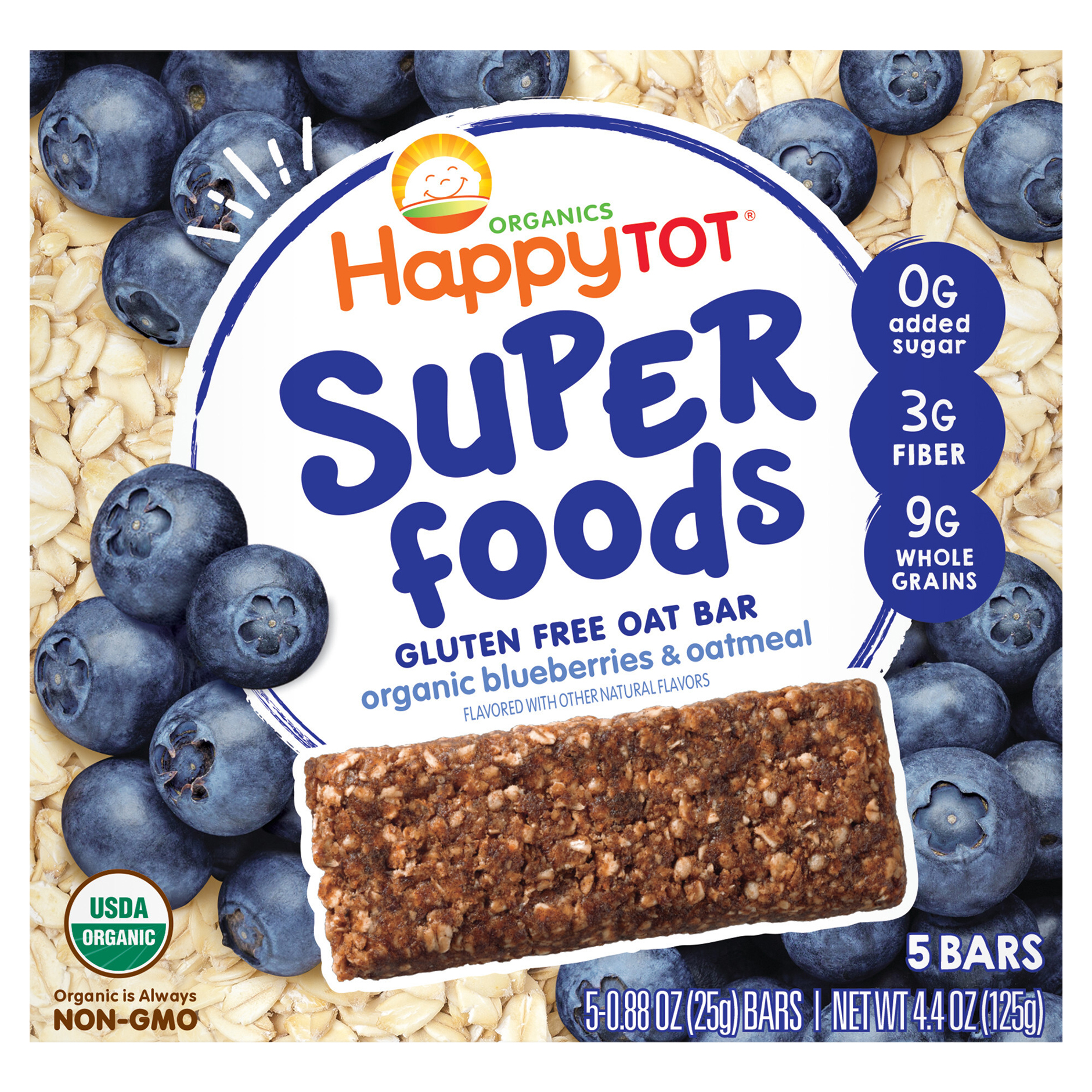 Happy Tot Organics Super Foods Gluten Free Oat Bar Organic Blueberries & Oatmeal 5-0.88 oz Bars UNIT
