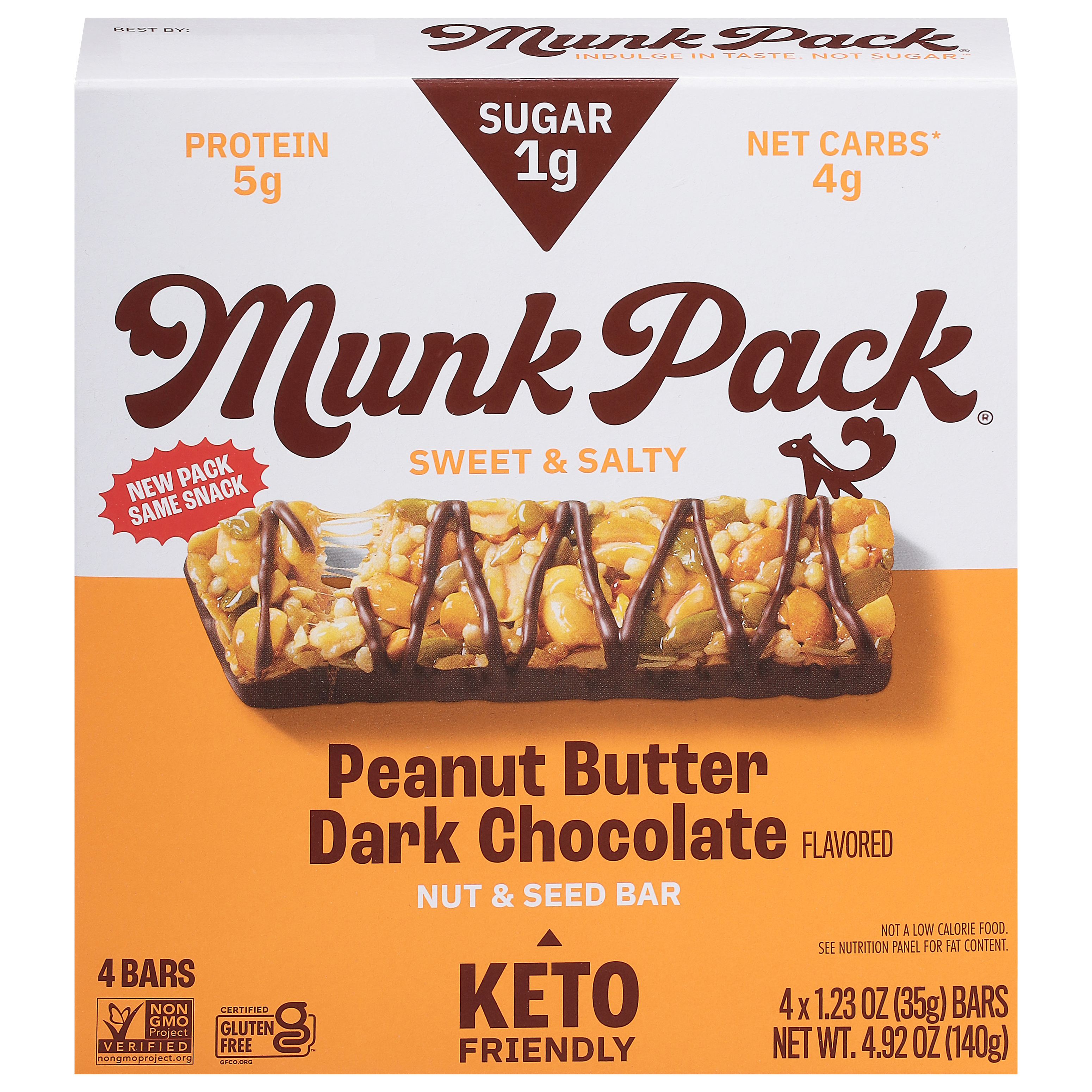 Munk Pack Sweet & Salty Peanut Butter Dark Chocolate Nut & Seed Bar 4 - 1.23 oz Wrappers