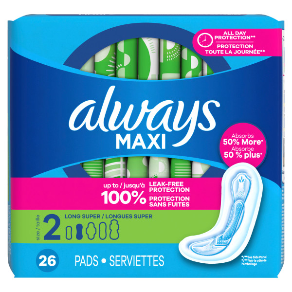 Always Maxi Maxi Pads without Wings, Size 2, 26 Each