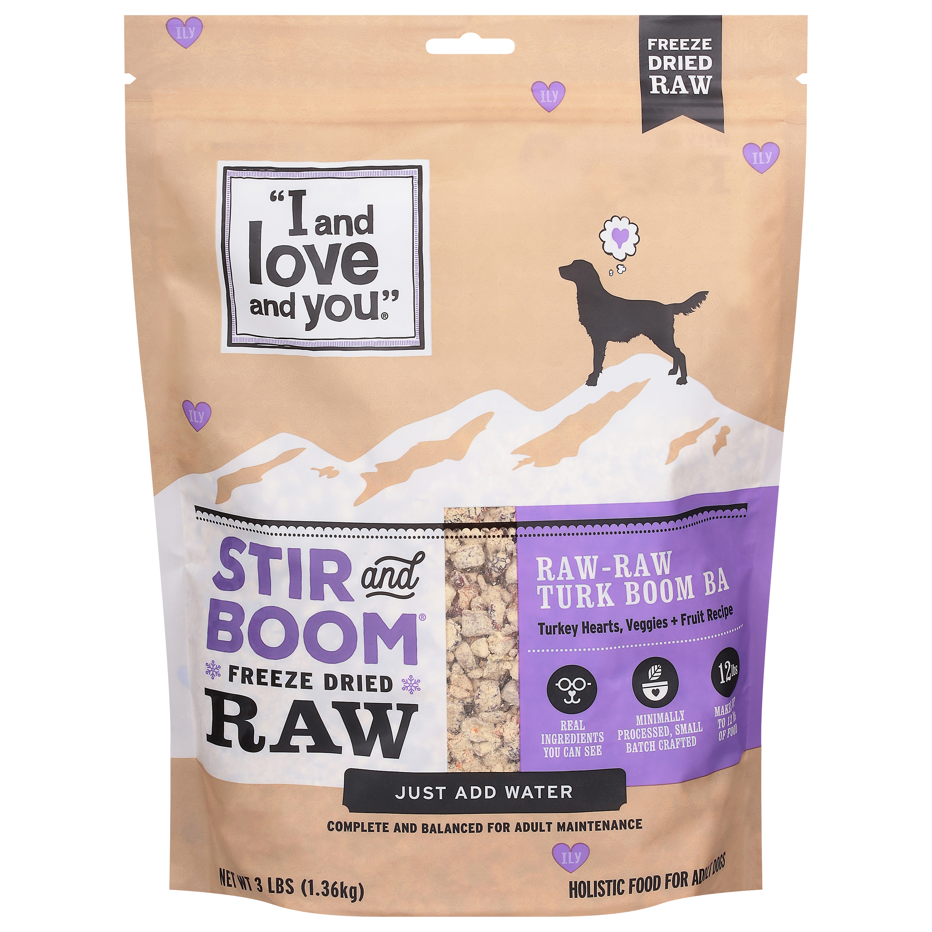 I and Love and You Stir and Boom Adult Raw Freeze Dried Holistic Turkey Hearts, Veggies + Fruit Recipe Food for Dogs