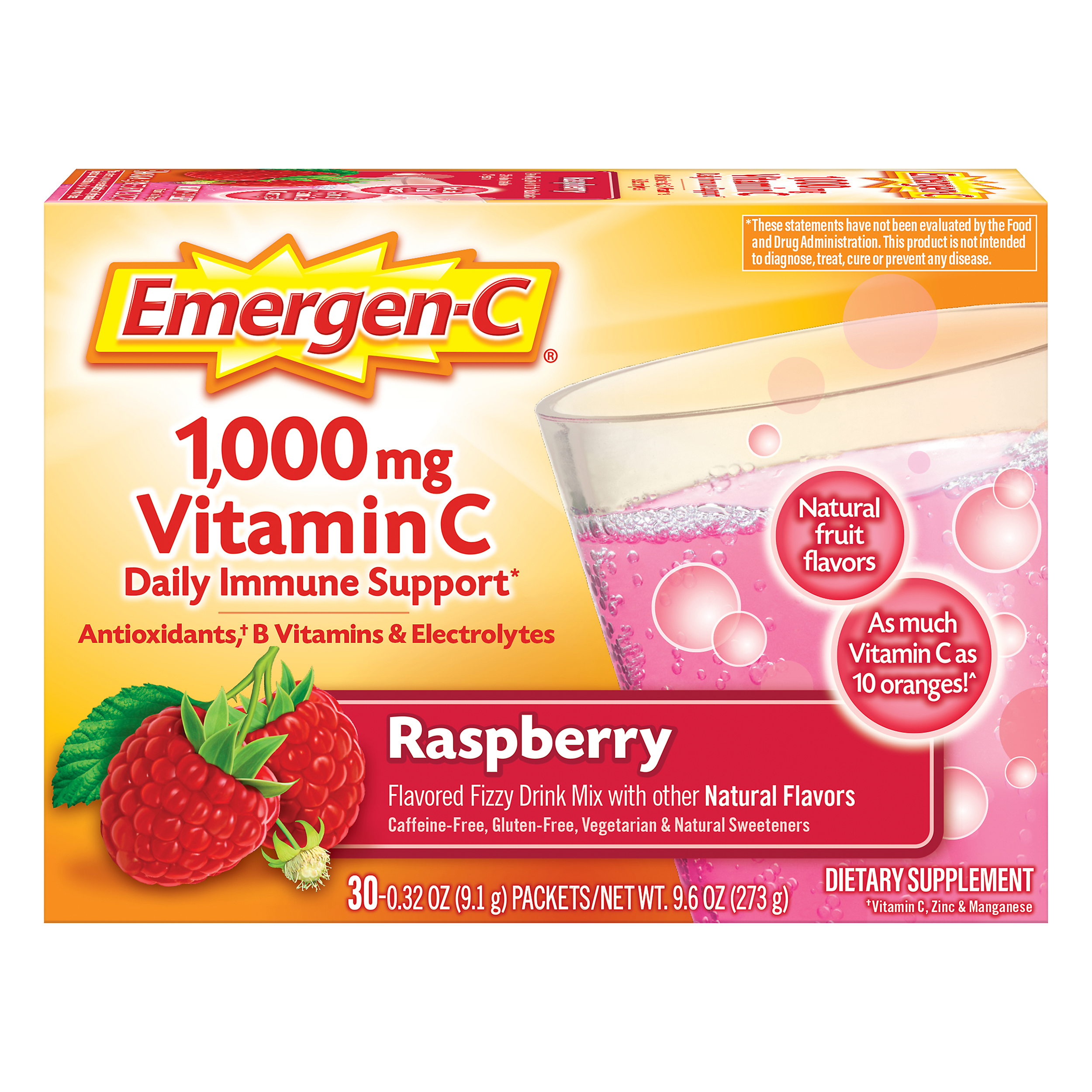 Emergen-C Vitamin C 1000mg Powder (30 Count, Raspberry Flavor, 1 Month Supply), With Antioxidants, B Vitamins and Electrolytes, Dietary Supplement Fizzy Drink Mix, Caffeine Free