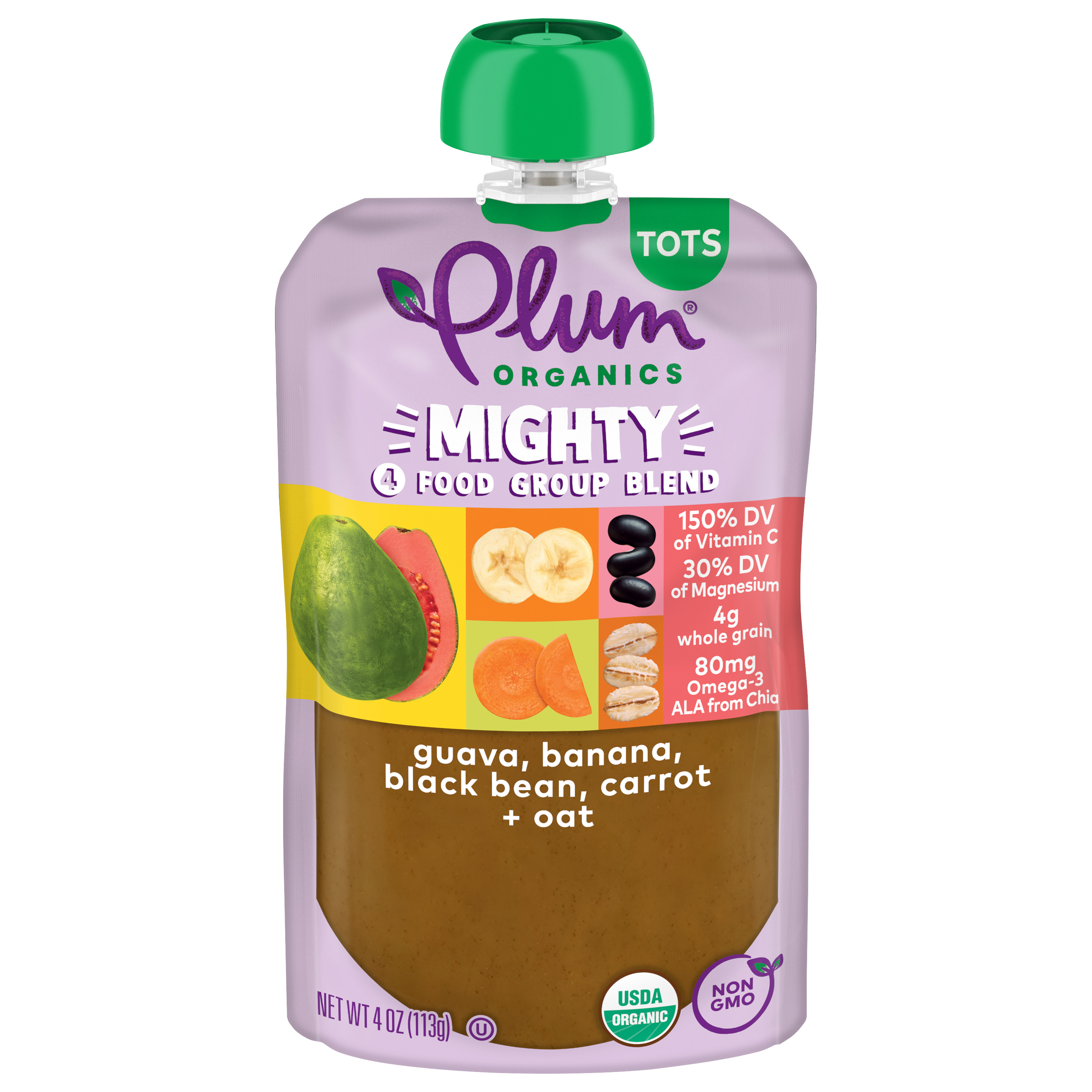 Plum Organics® Mighty 4 Food Group Blend Guava, Banana, Black Bean, Carrot + Oat 4oz Pouch