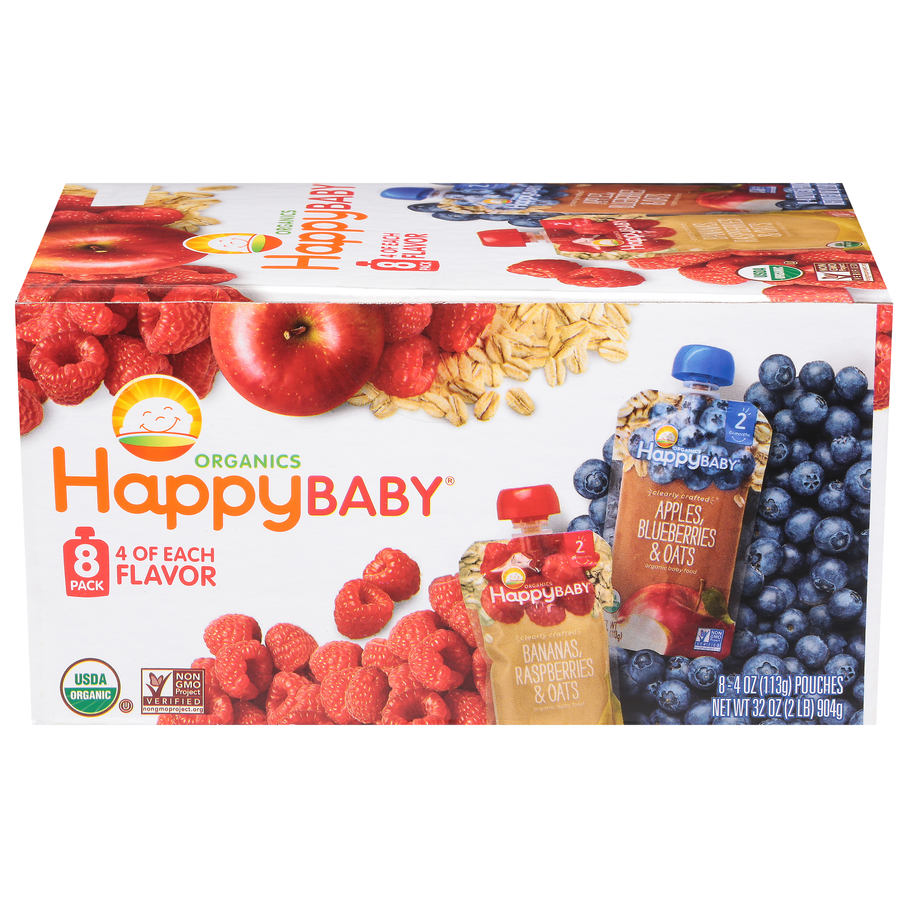 HappyBaby Organics Stage 2 (6+ months) 8 Pack Bananas, Raspberries & Oats Apples, Blueberries & Oats Baby Food