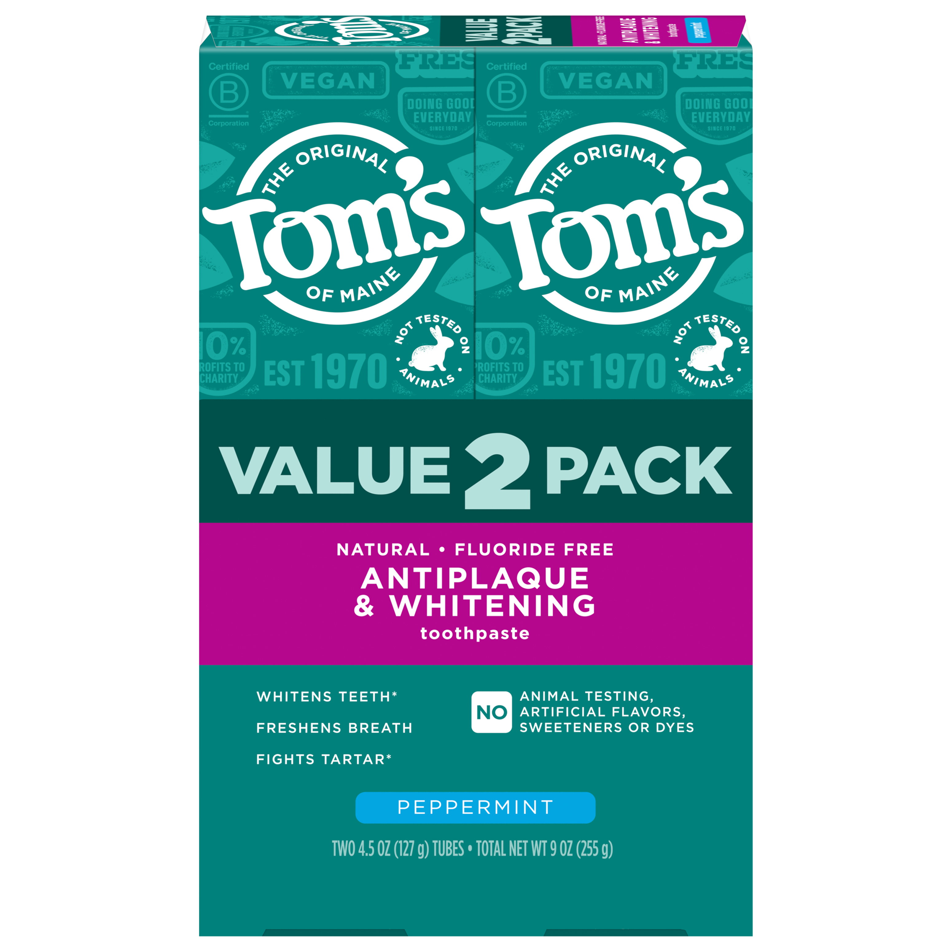 Tom’s of Maine Antiplaque and Whitening Toothpaste, Fluoride Free, Peppermint, 2 Pack,