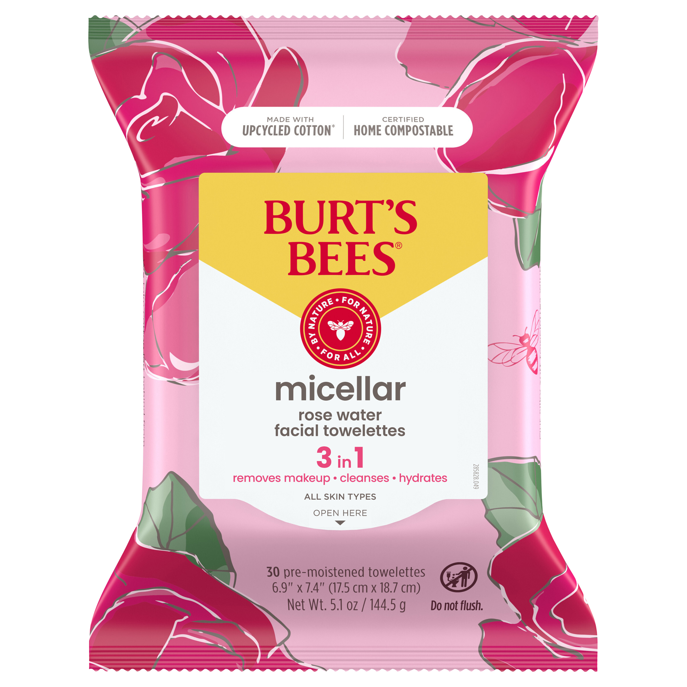 Burt’s Bees® 3 in 1 Micellar Facial Cleanser Towelettes and Makeup Remover Wipes with Rose Water, Made with Repurposed Cotton,