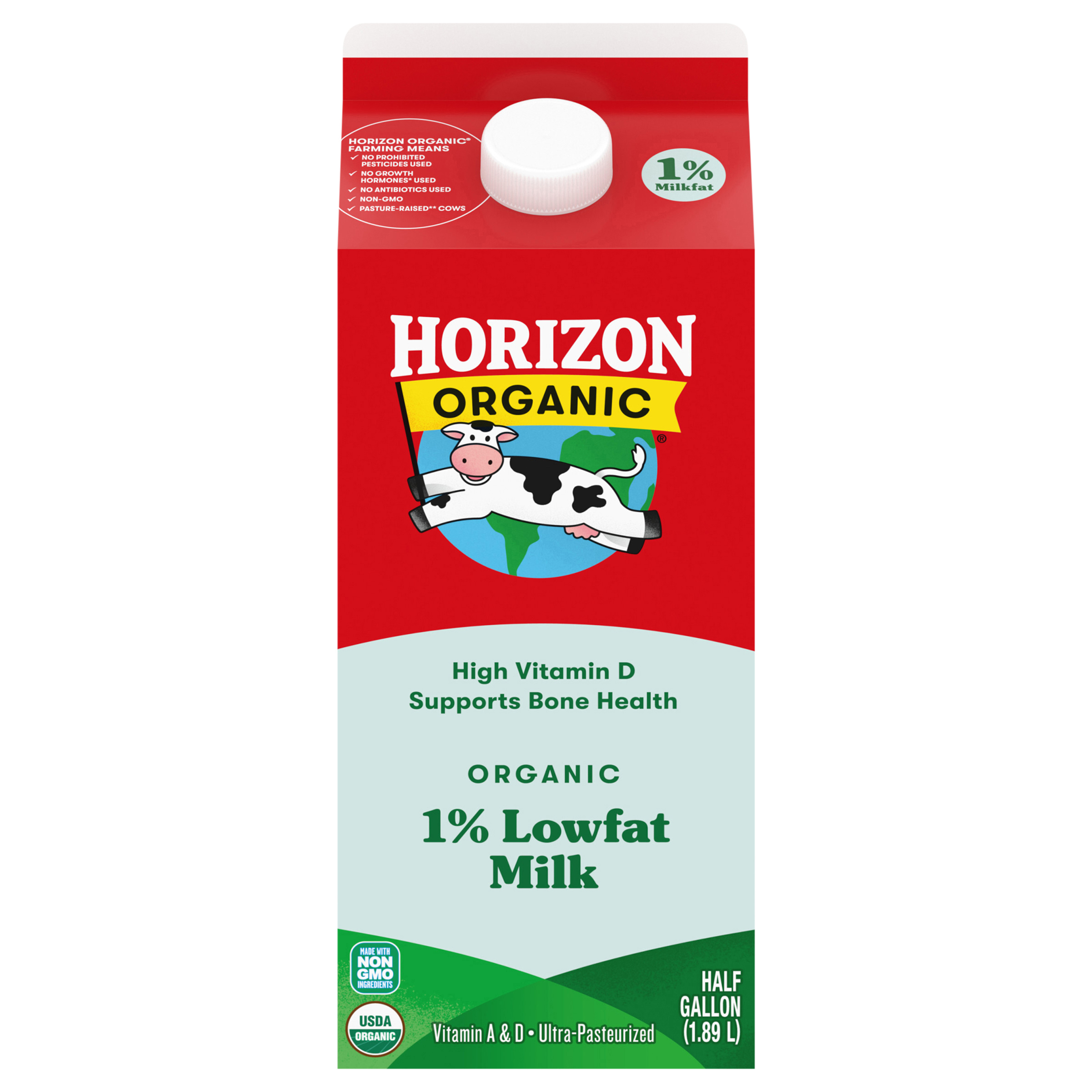 Horizon Organic High Vitamin D 1 Percent Milk, High Vitamin D Lowfat Milk, 64 FL OZ Half Gallon Carton