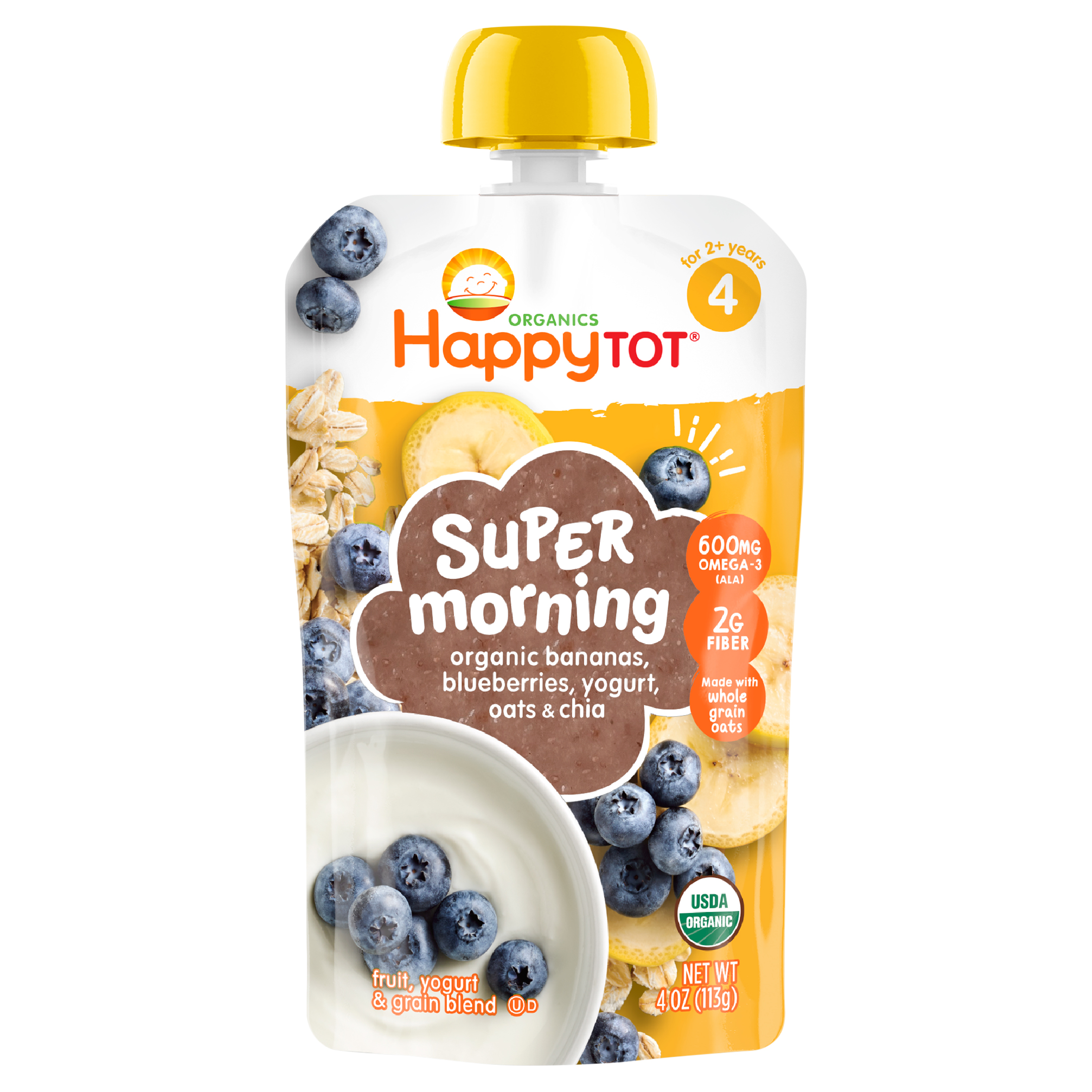 Happy Tot Organics Super Morning Stage 4 Organic Bananas, Blueberries, Yogurt & Oats + Super Chia Pouch 4 Oz UNIT