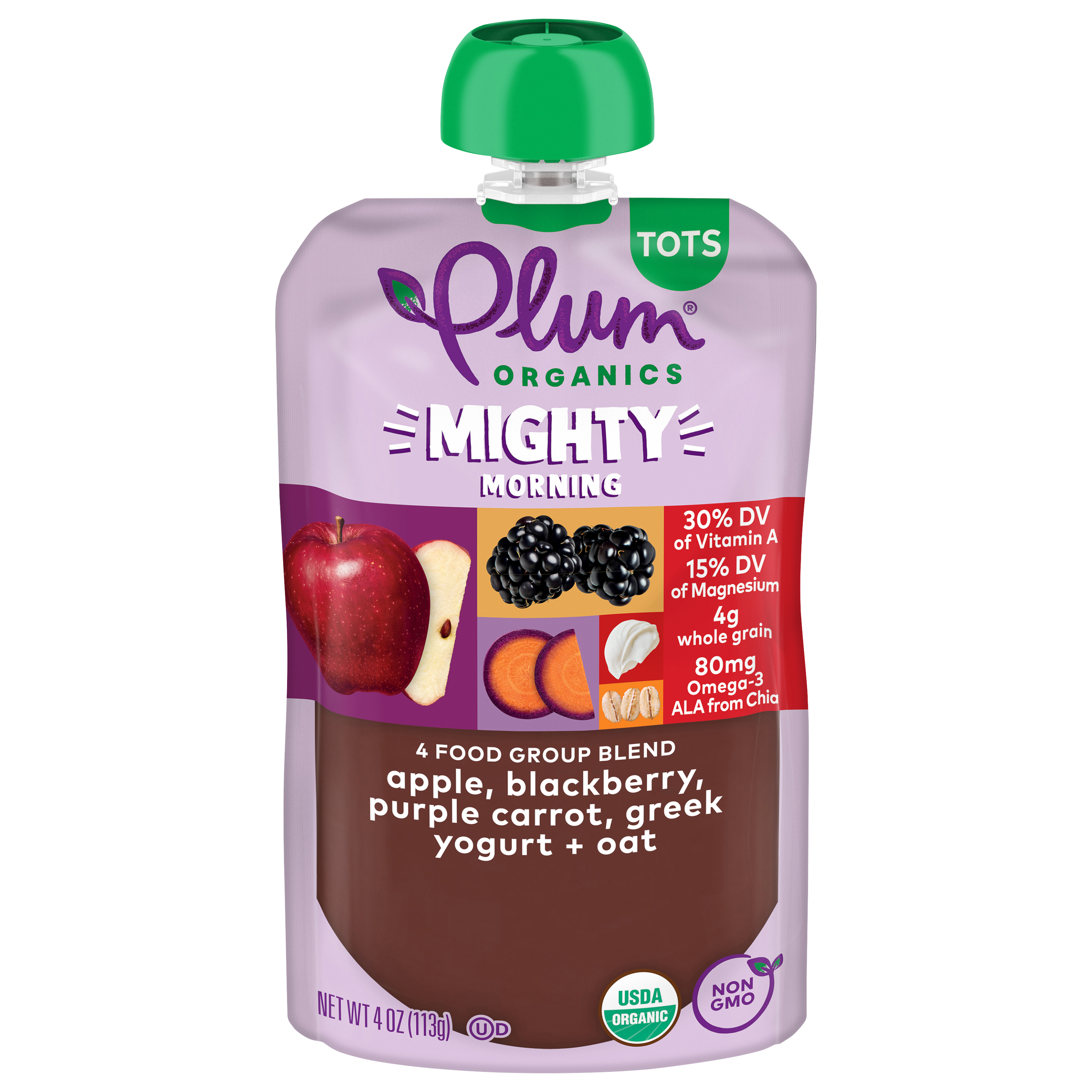 Plum Organics® Mighty Morning 4 Food Group Blend Apple, Blackberry, Purple Carrot, Greek Yogurt + Oat 4oz Pouch