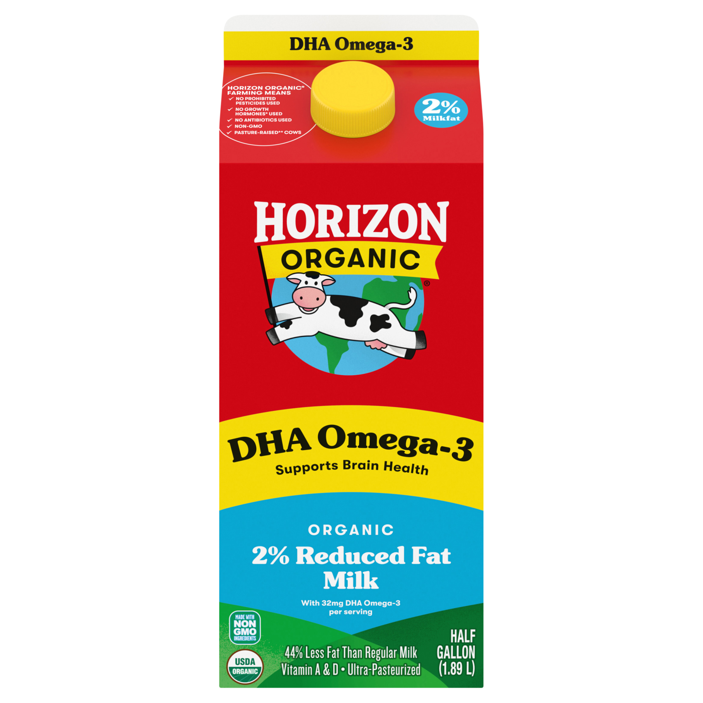 Horizon Organic DHA Omega-3 Milk, DHA 2 Percent Milk, 64 FL OZ Half Gallon Carton