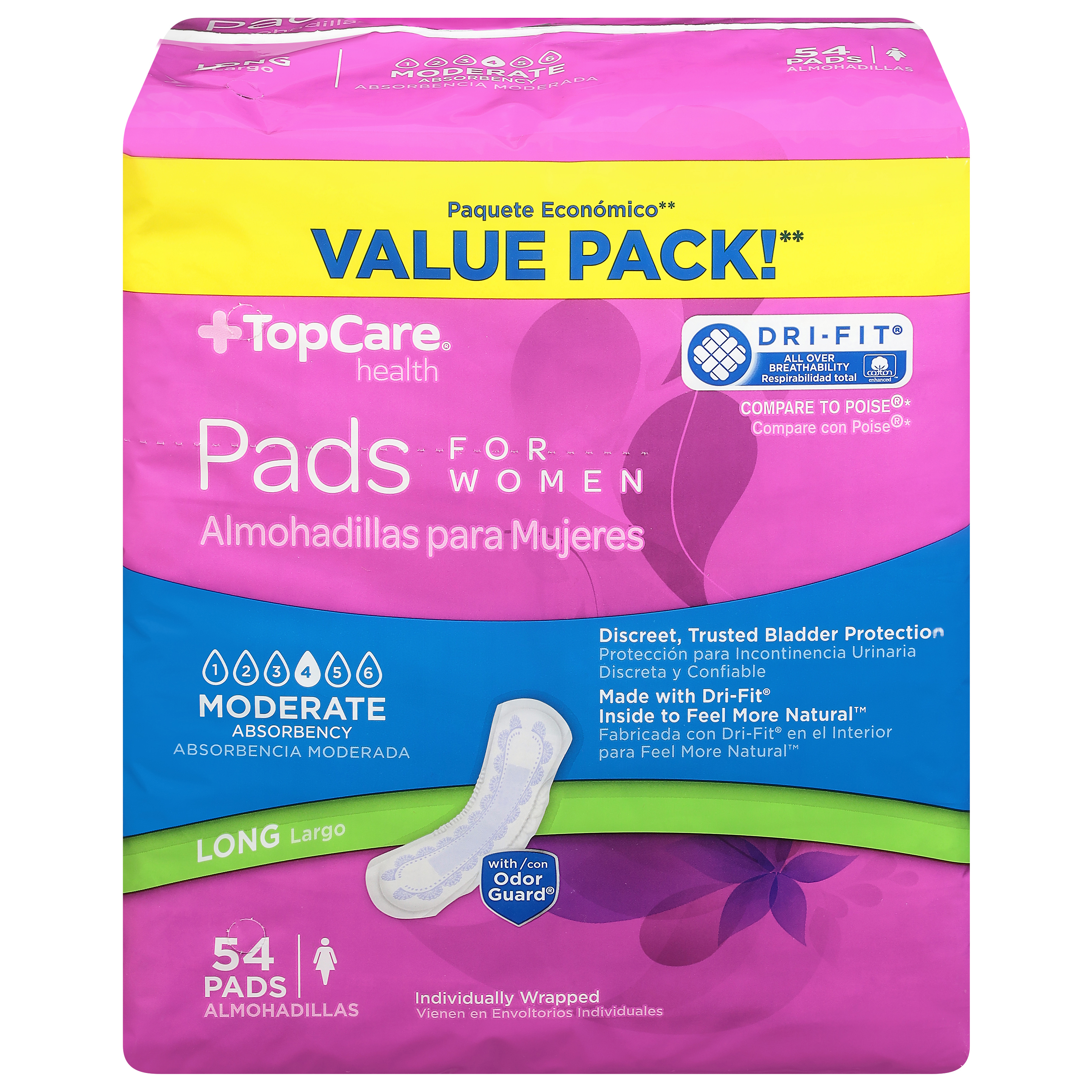 TopCare Health Long Moderate Absorbency 4 Pads for Women Value Pack 54 ea