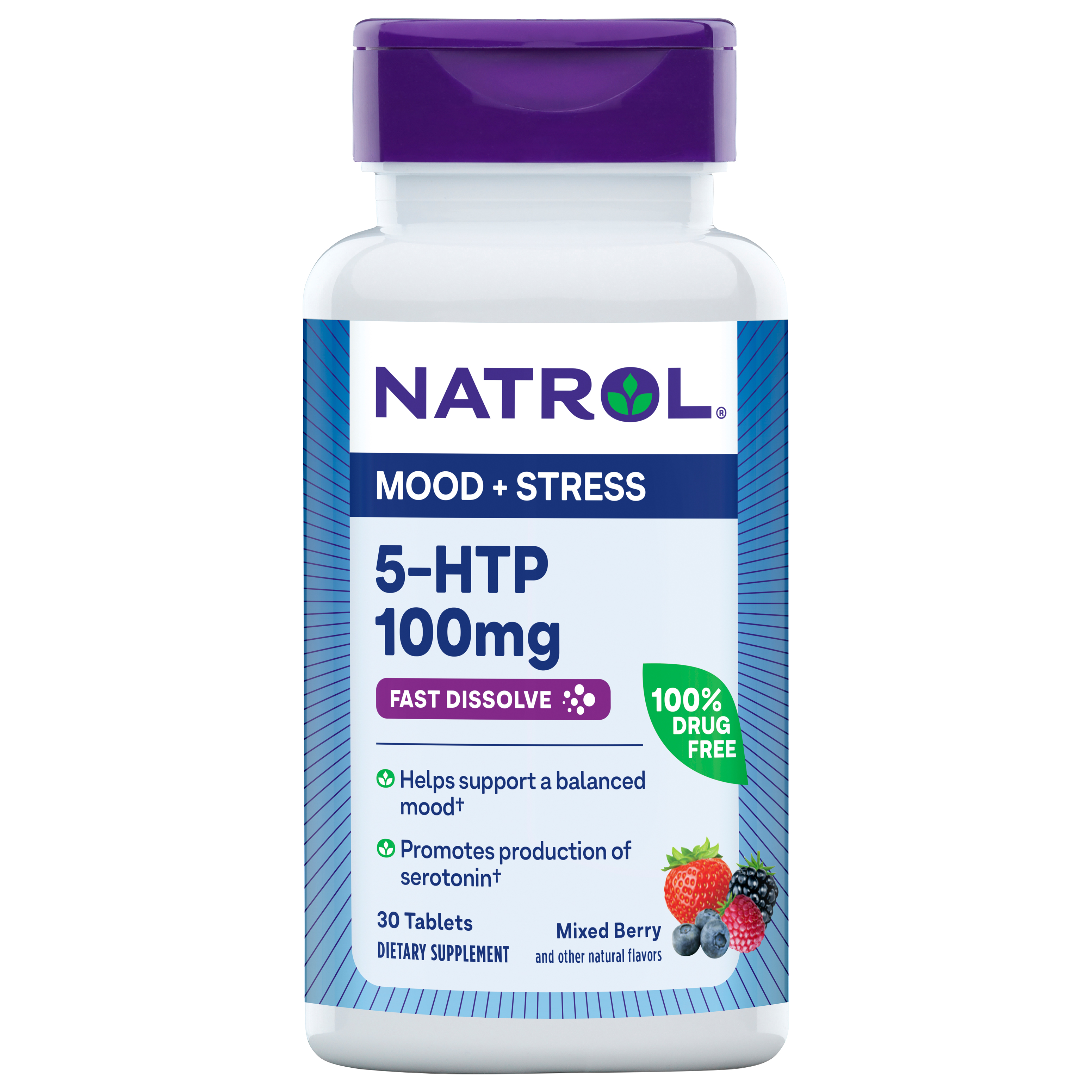 Natrol 5-HTP 100mg, Drug-Free Dietary Supplement Helps Support Balanced Mood, 30 Mixed Berry-Flavored Fast Dissolve Tablets, 15-30 Day Supply