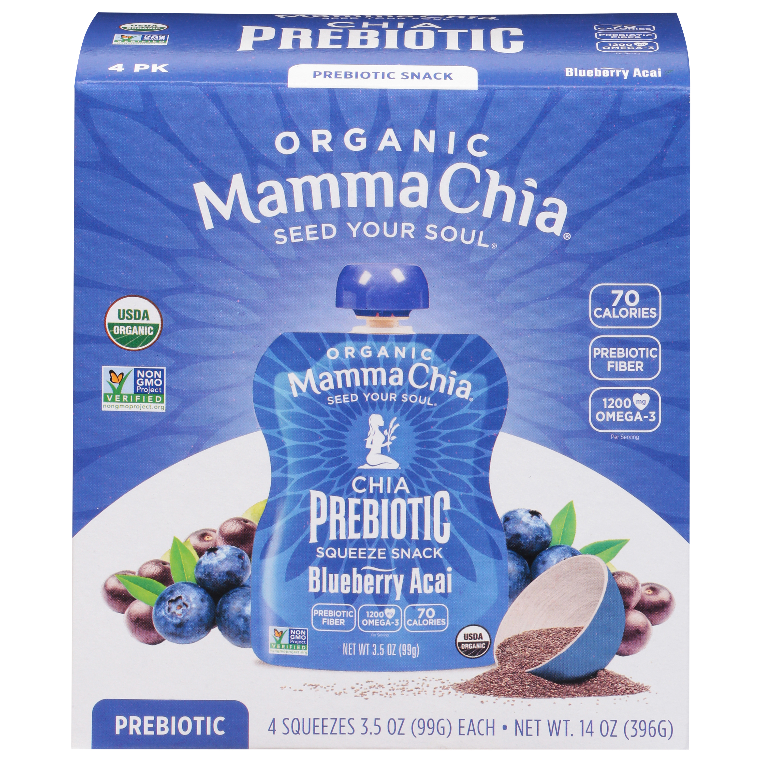 Mama Chia Organic Chia 4 Pack Blueberry Acai Prebiotic Squeeze Snack