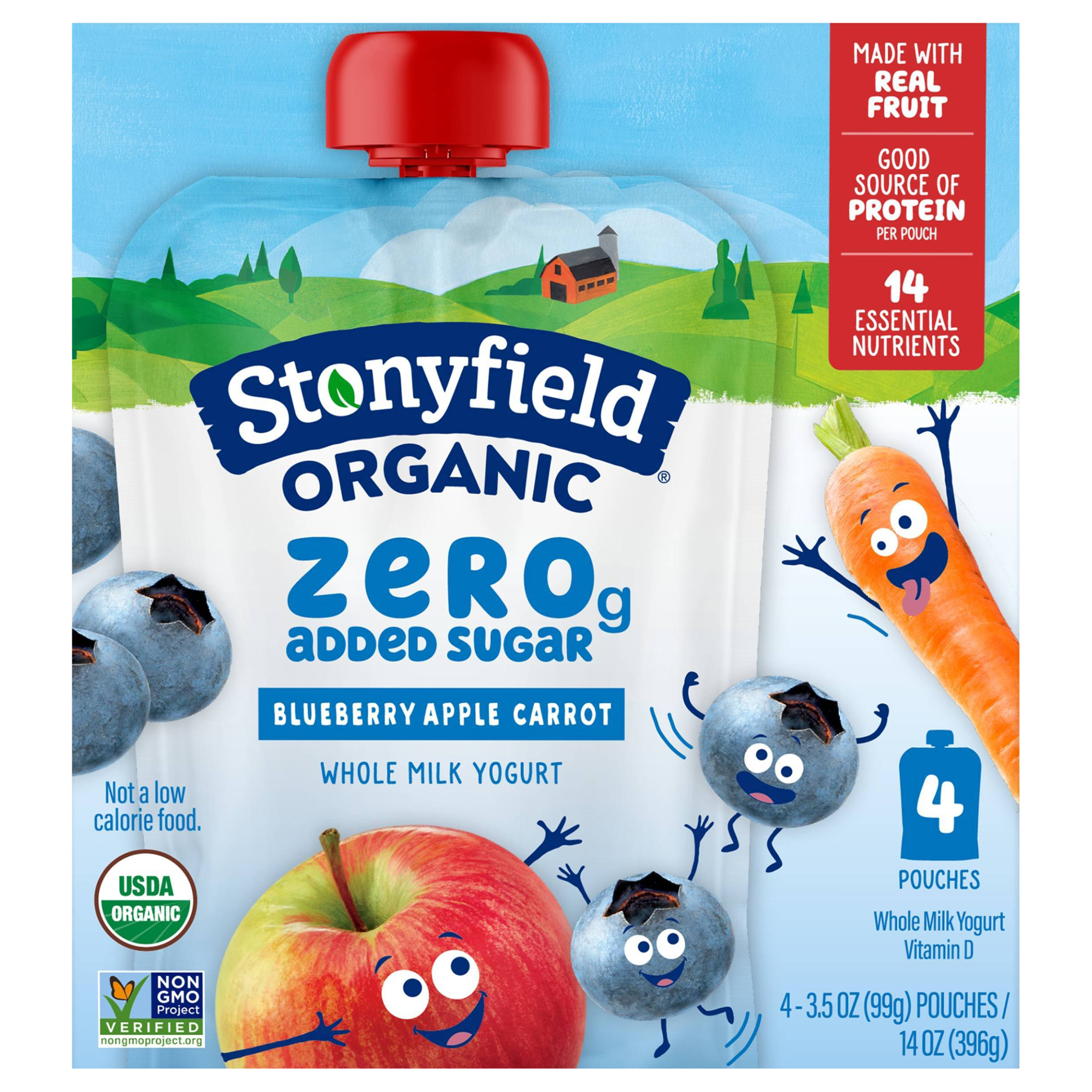 Stonyfield Organic Kids Zero G Added Sugar Whole Milk Yogurt Pouches, Blueberry Apple Carrot, 3.5 oz.,