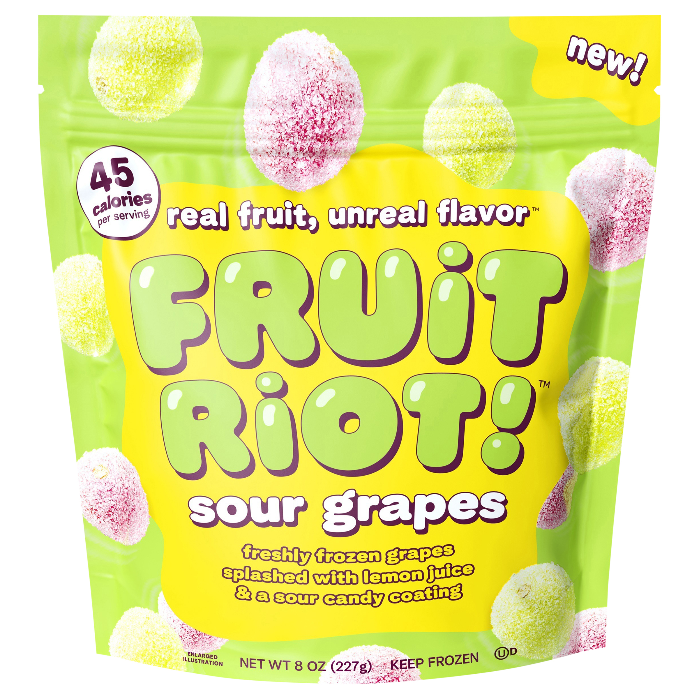 Fruit Riot 8 oz frozen sour candy grapes.