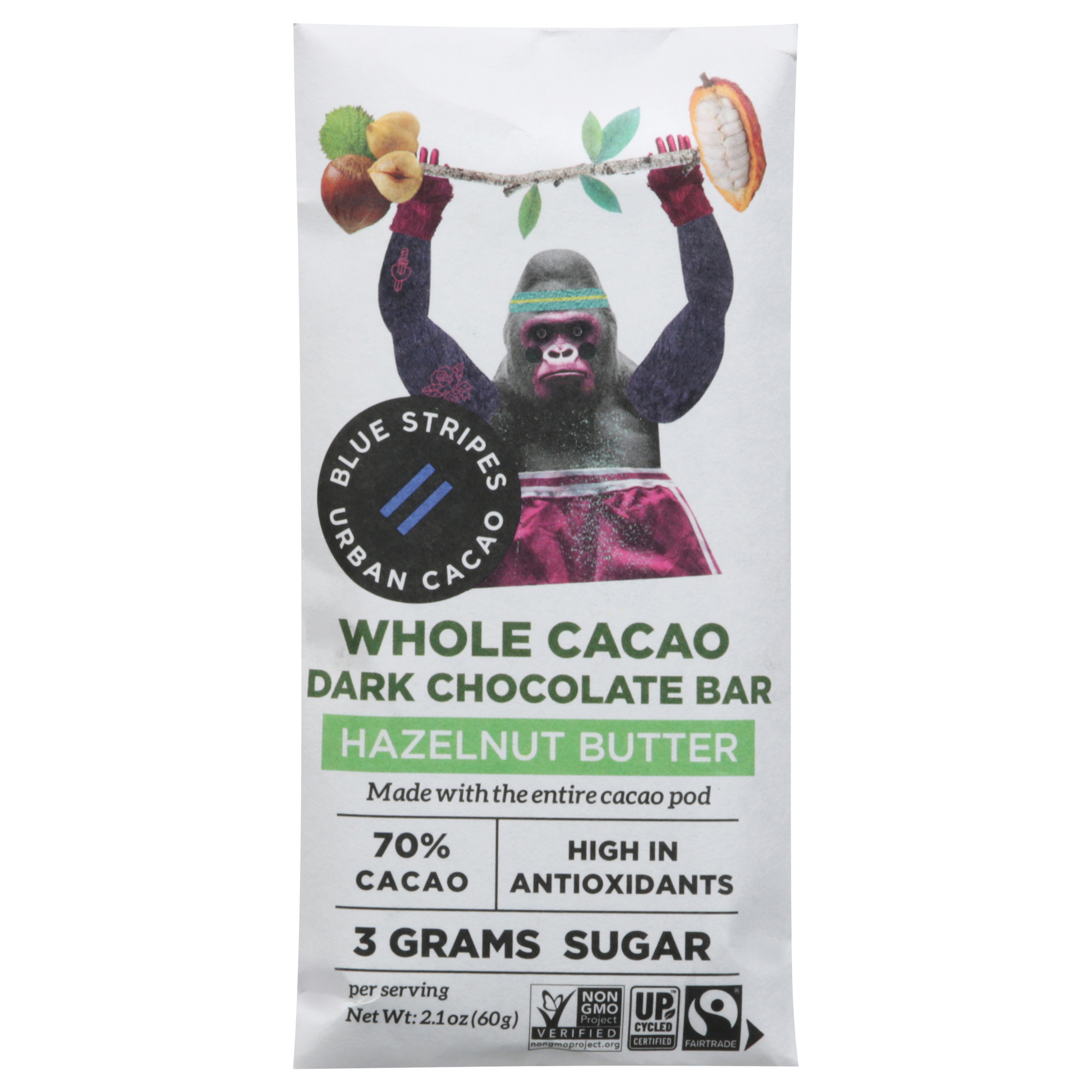 Blue Stripes Whole Cacao Hazelnut Butter Dark Chocolate Bar