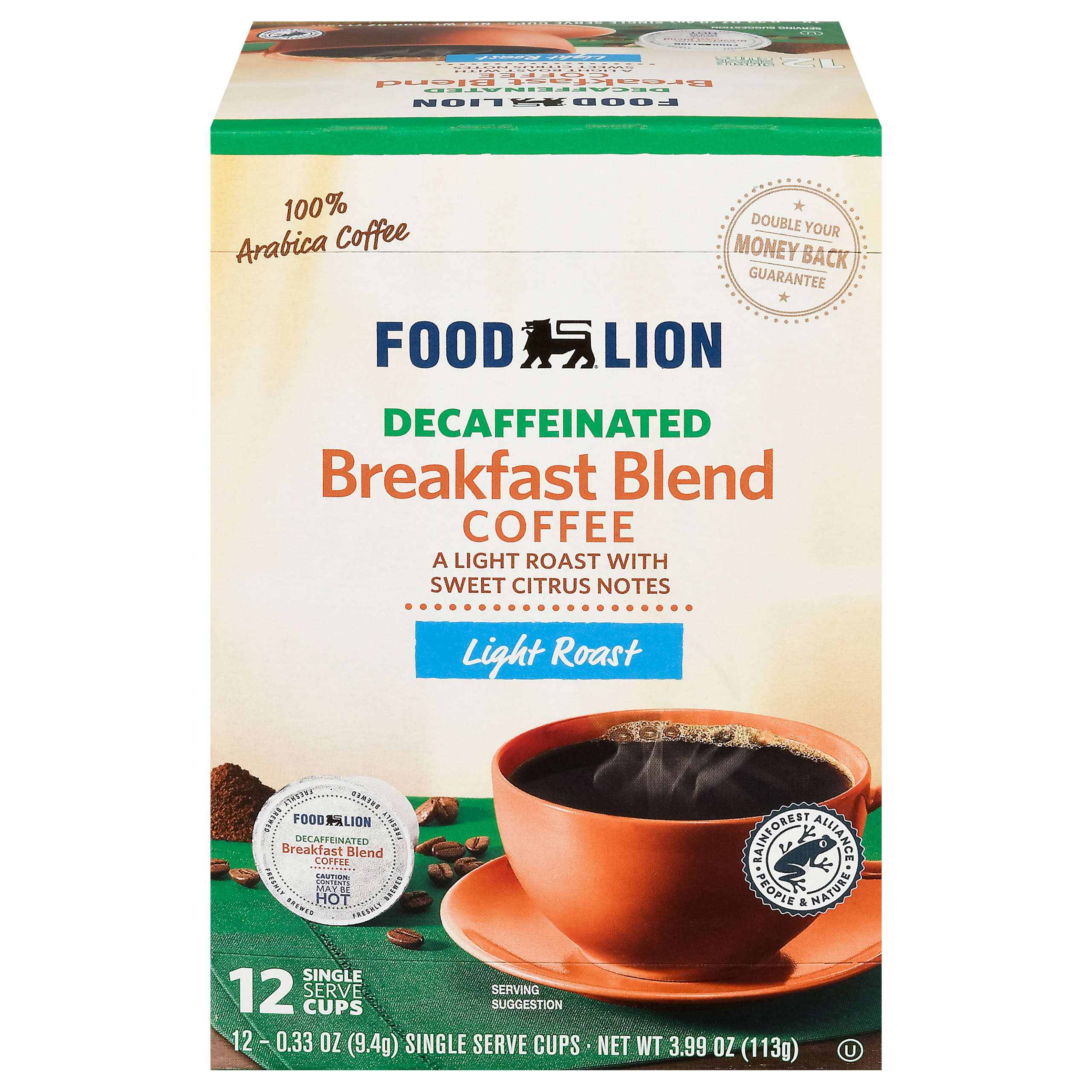 Curated visual reference: Light Roast Coffee Grounds Single Serve Reference: Food Lion Decaffeinated Light Roast Breakfast Blend Coffee 12