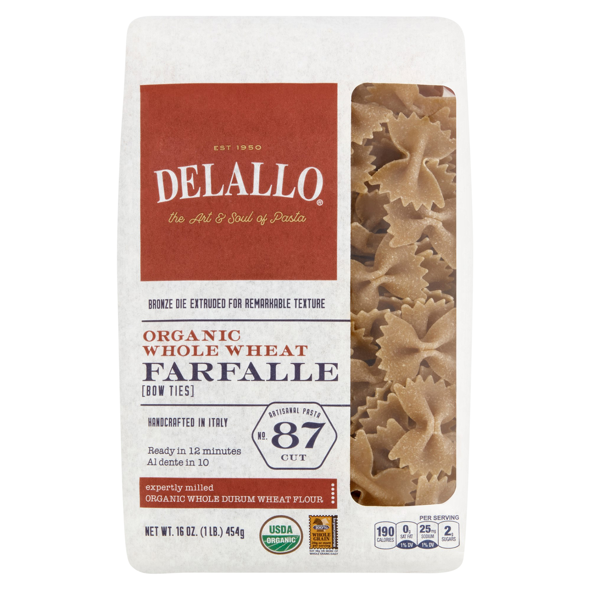 Delallo No. 87 Cut Whole Wheat Organic Farfalle