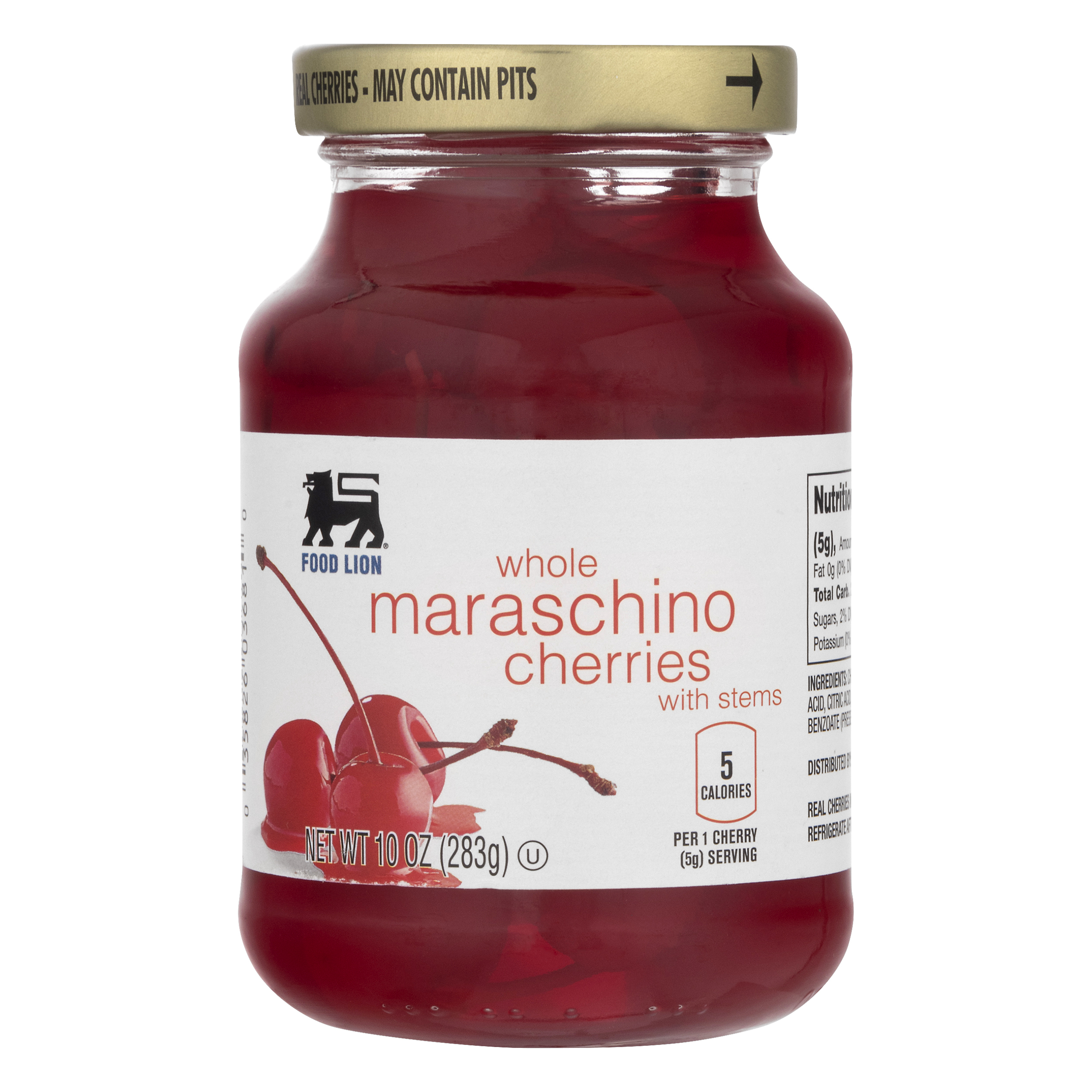 Food Lion Maraschino Cherries, Whole, With Stems, Jar