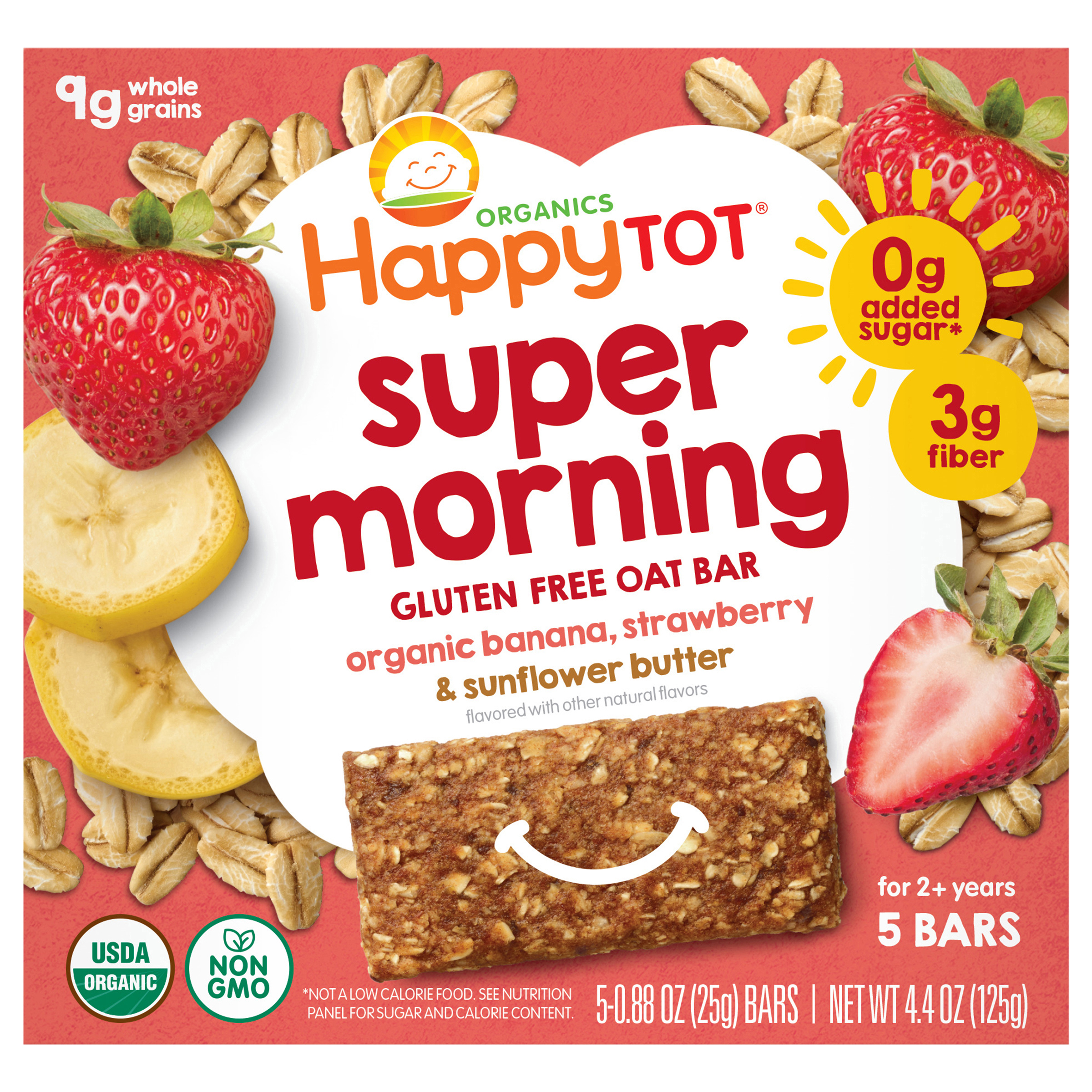 Happy Tot Organics Super Morning Gluten Free Oat Bar Organic Bananas, Strawberries & Sunflower Butter 5-0.88 oz Bars UNIT