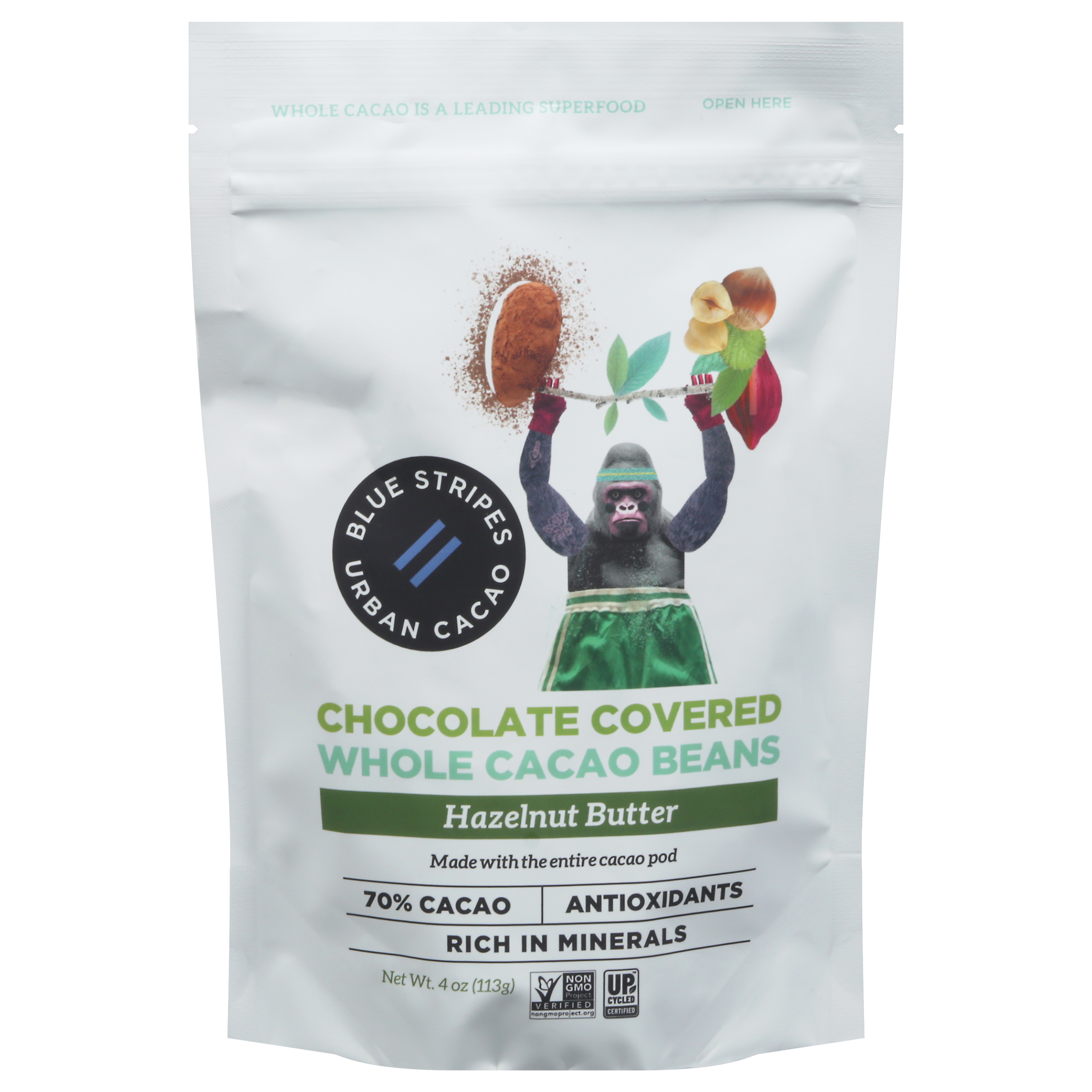Blue Stripes Chocolate Covered Hazelnut Butter Whole Cacao Beans