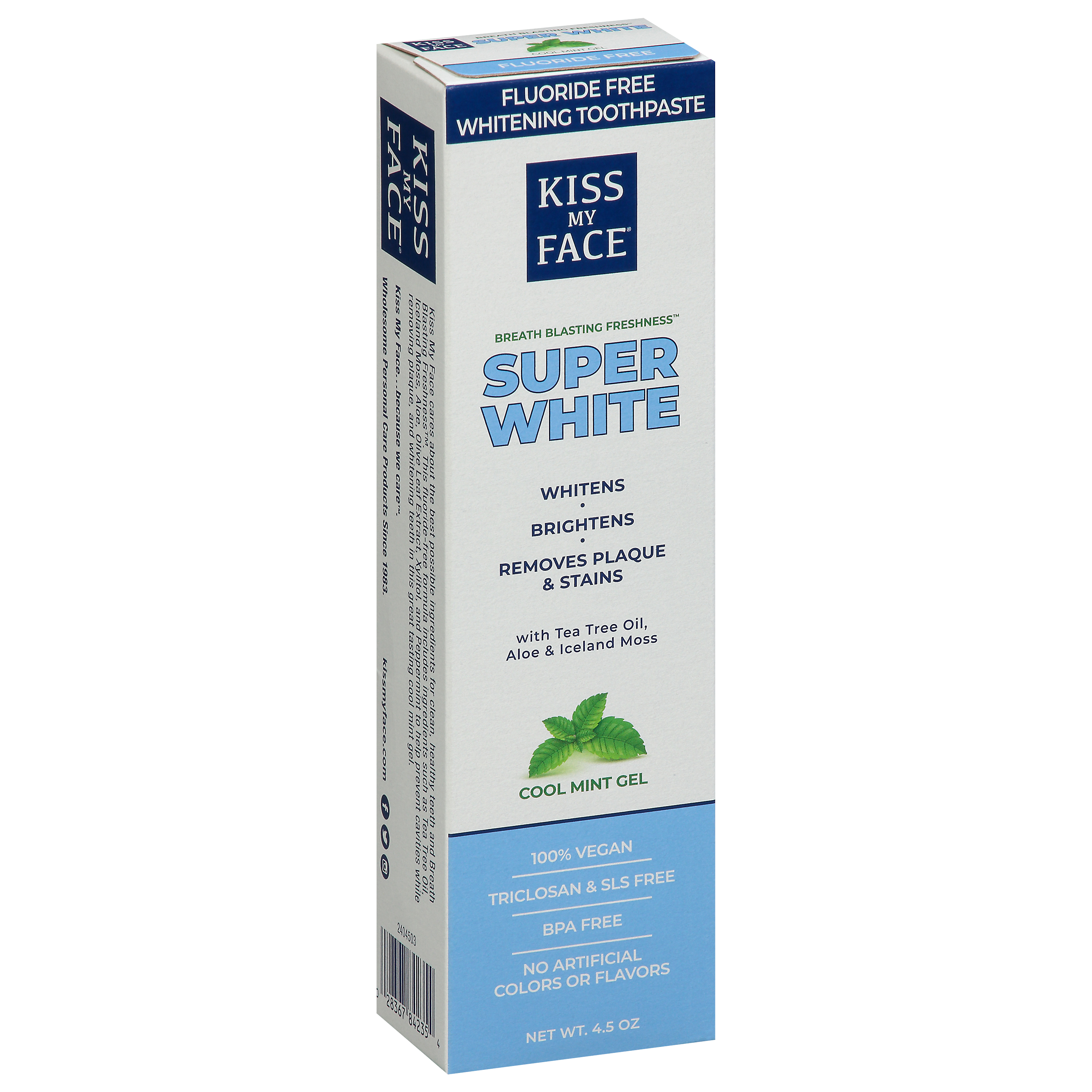 Kiss My Face Super White Fluoride Free Whitening Cool Mint Gel Toothpaste