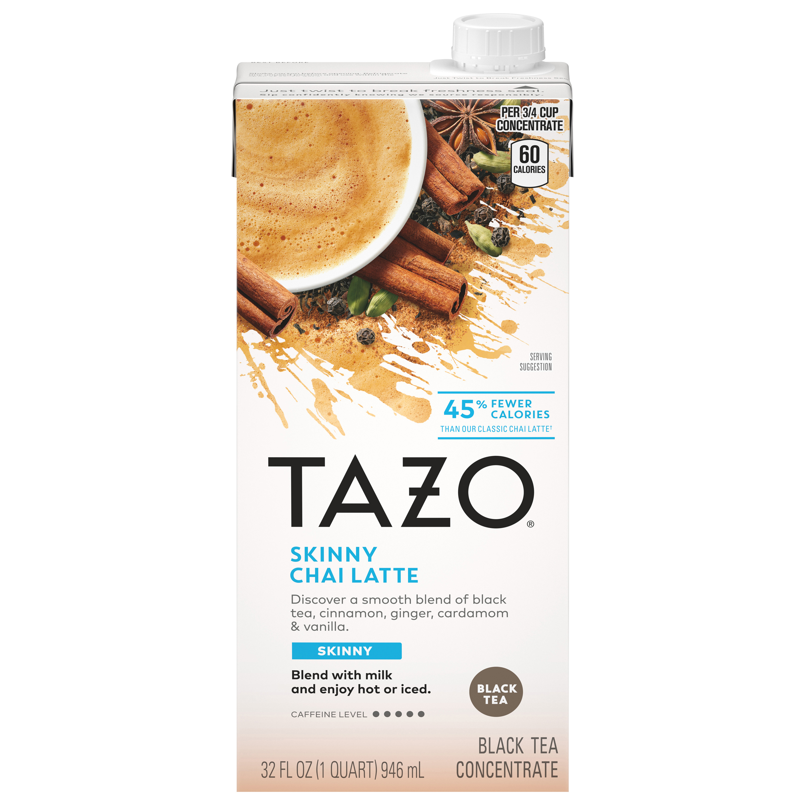 TAZO Organic Chai Latte, Black Tea Concentrate, Easy to Serve Chai Tea for Everyday Lattes, Hot or Iced Tea and Mocktails, 32 oz Tea Mix Carton.