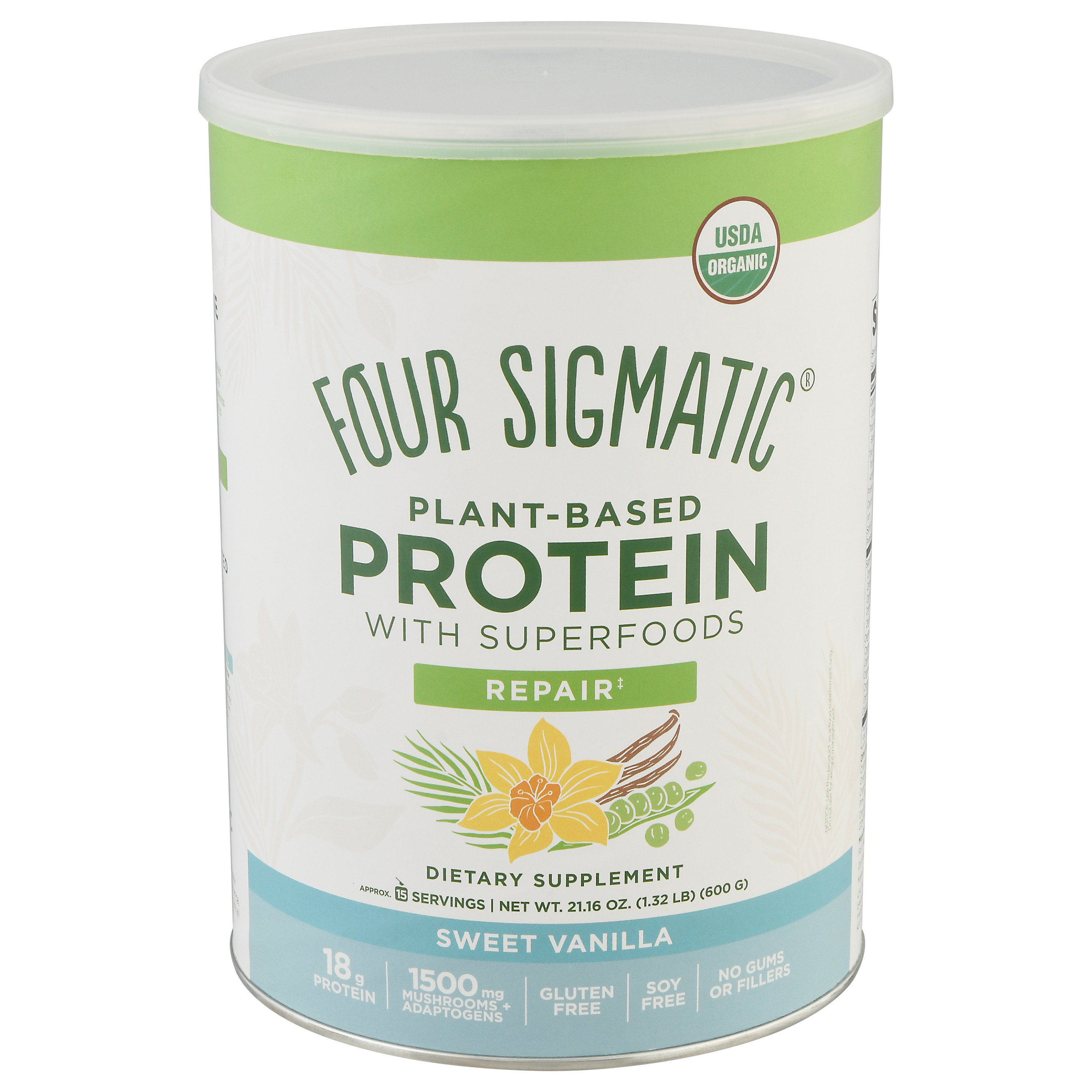 Four Sigmatic Plant-Based Sweet Vanilla Protein with Superfoods 21.16 oz Canister