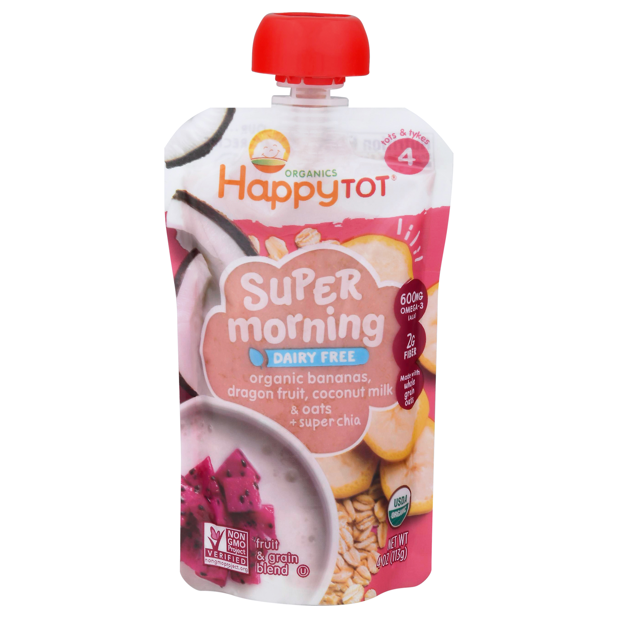 HappyTot Organics Super Morning Bananas, Dragon Fruit, Coconut Milk & Oats Fruit & Grain Blend