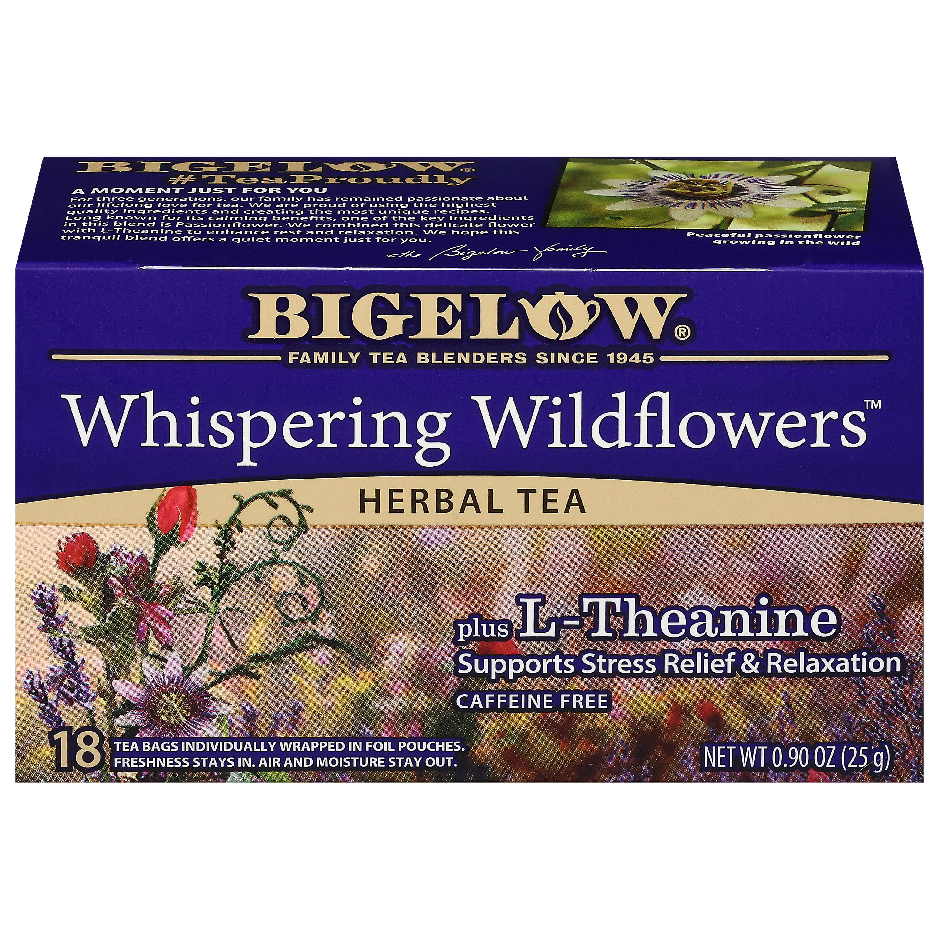 Bigelow Caffeine Free Whispering Wildflowers Herbal Tea Plus Theanine 18 Tea Bags