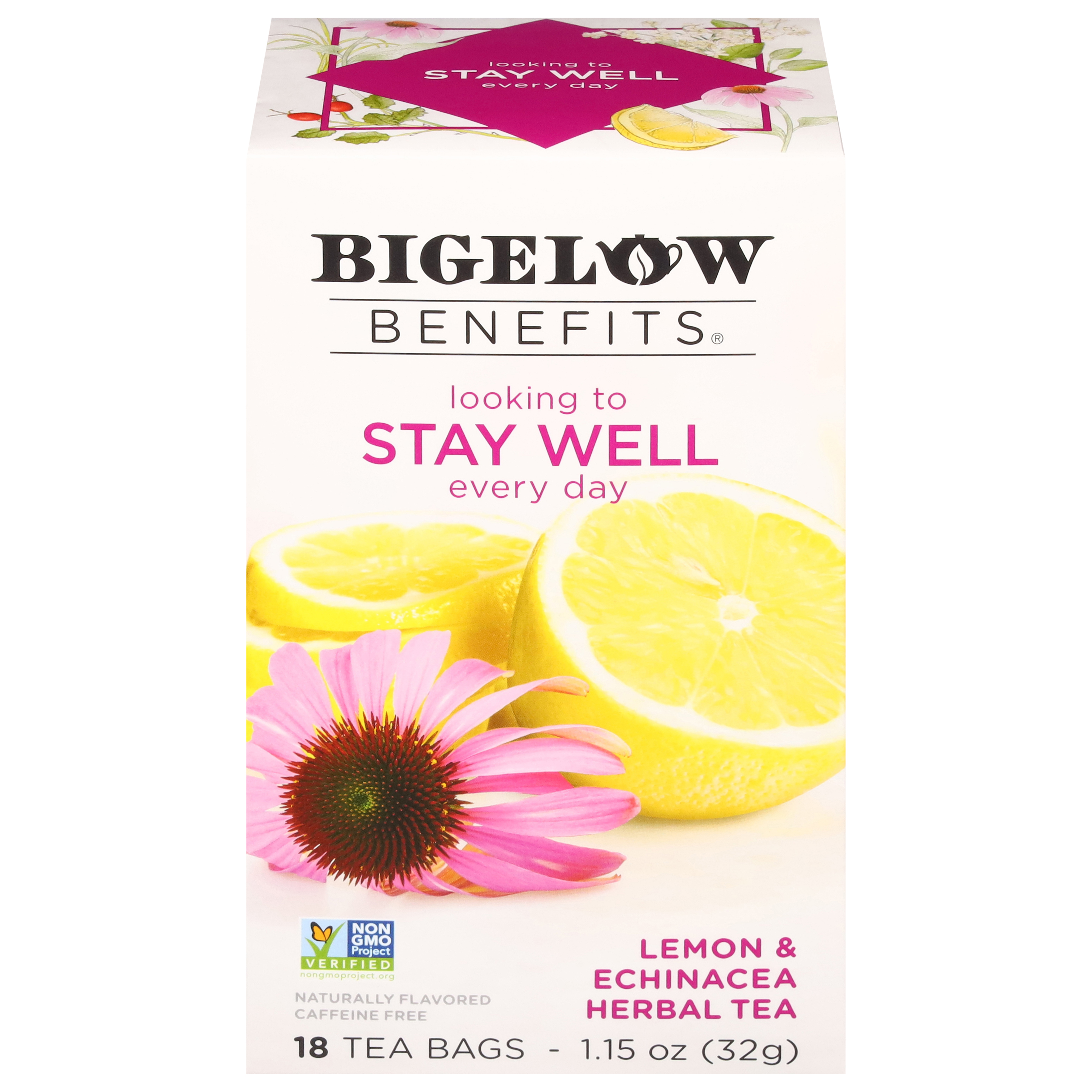 Bigelow Benefits Caffeine Free Stay Well Lemon & Echinacea Herbal Tea 18 Tea Bags