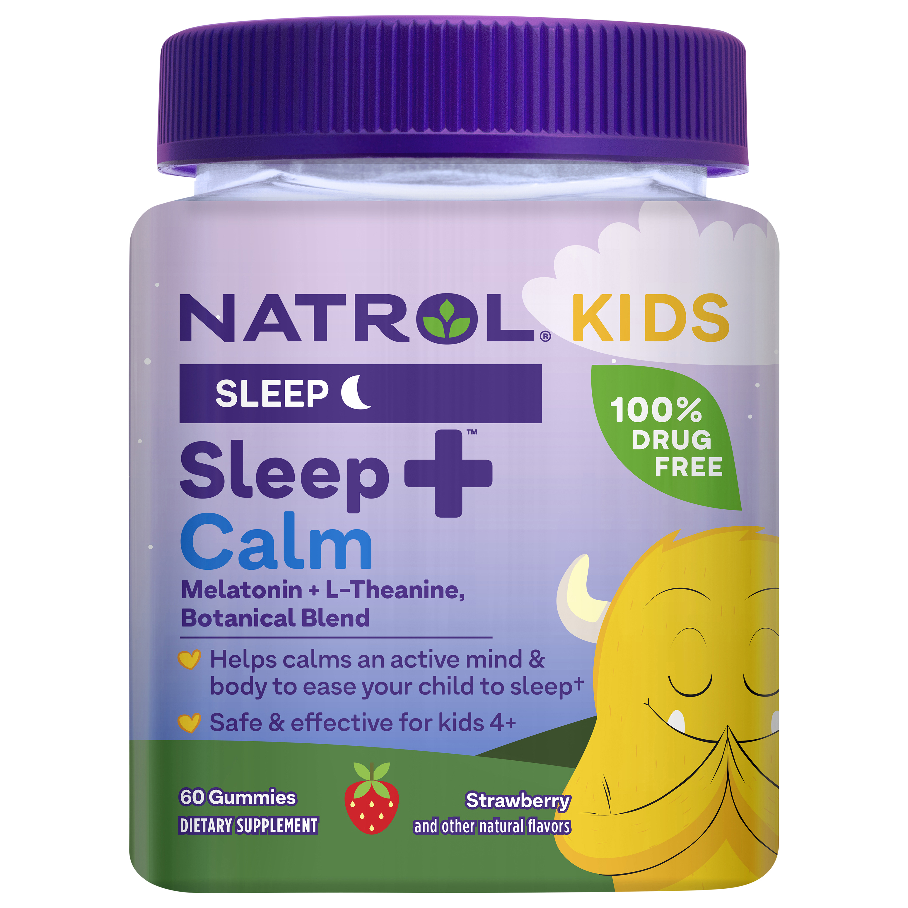 Natrol Kids Sleep+ Calm, Melatonin and L-Theanine, Supplement for Restful Sleep and Calming, Sleep Gummies for Kids, 60 Strawberry-Flavored Melatonin Gummies, 60 Day Supply