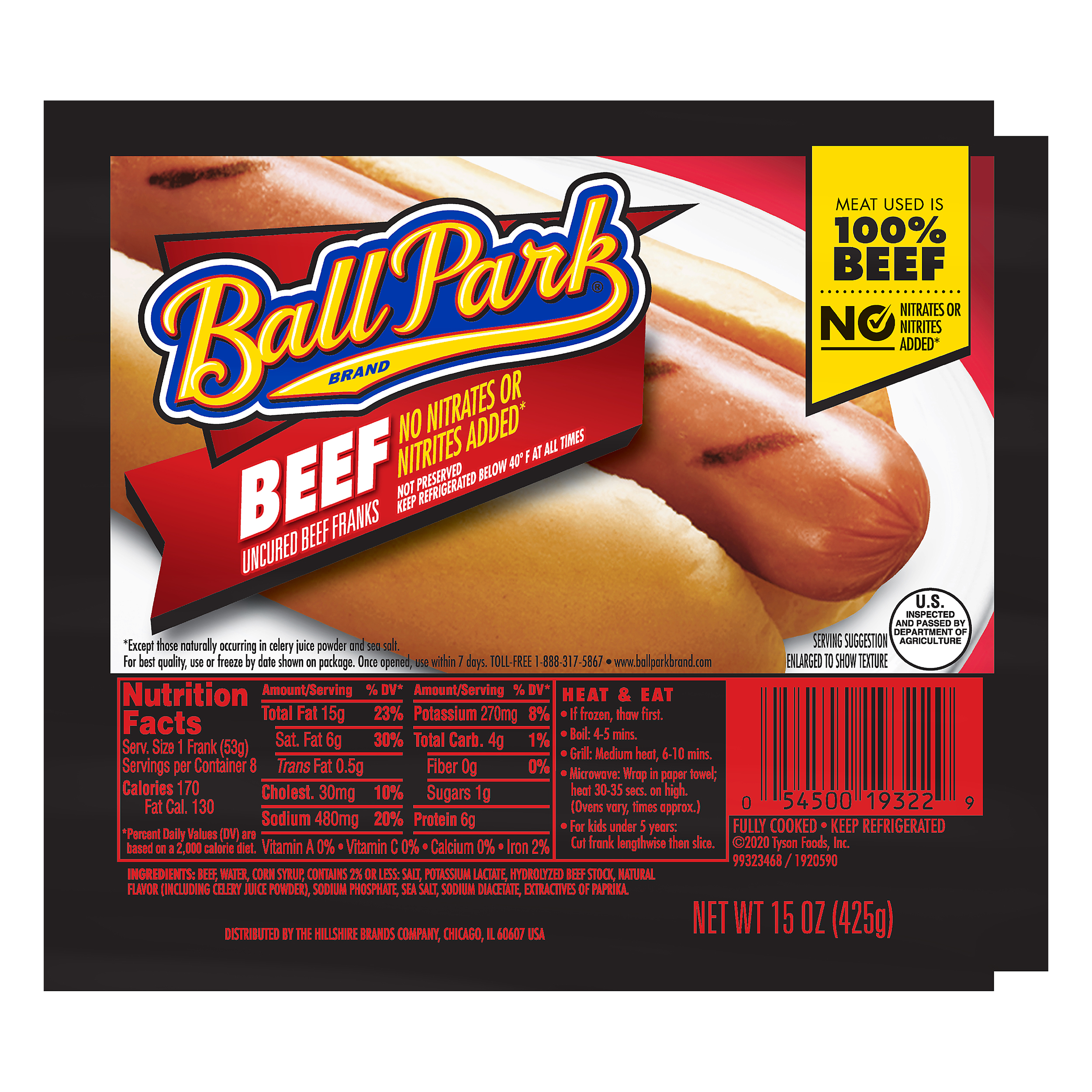 Ball Park Beef Hot Dogs Original Length 8 Count 15 oz