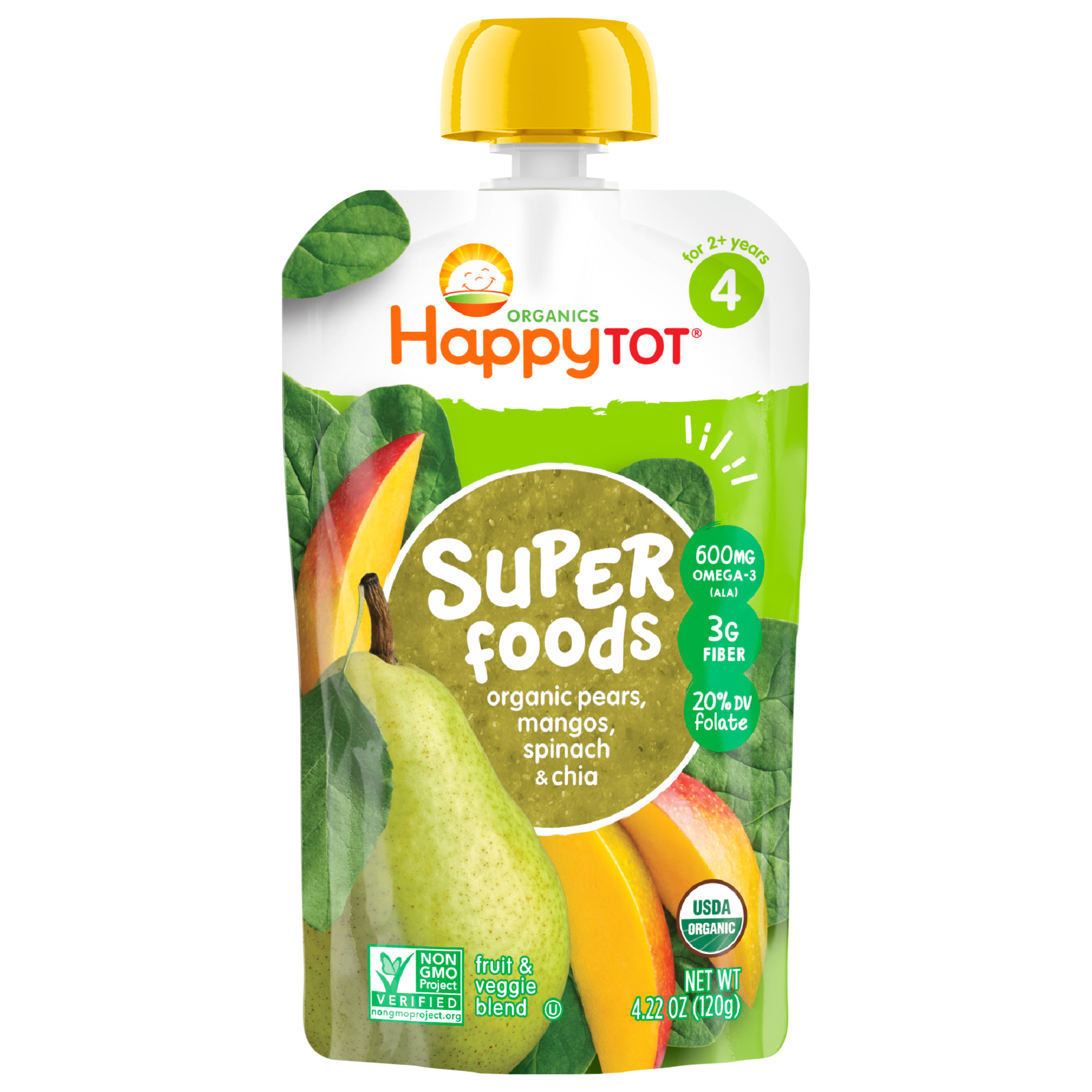 Happy Tot Organics Superfoods Stage 4 Organic Pears, Mangos & Spinach + Super Chia Pouch 4.22 oz UNIT