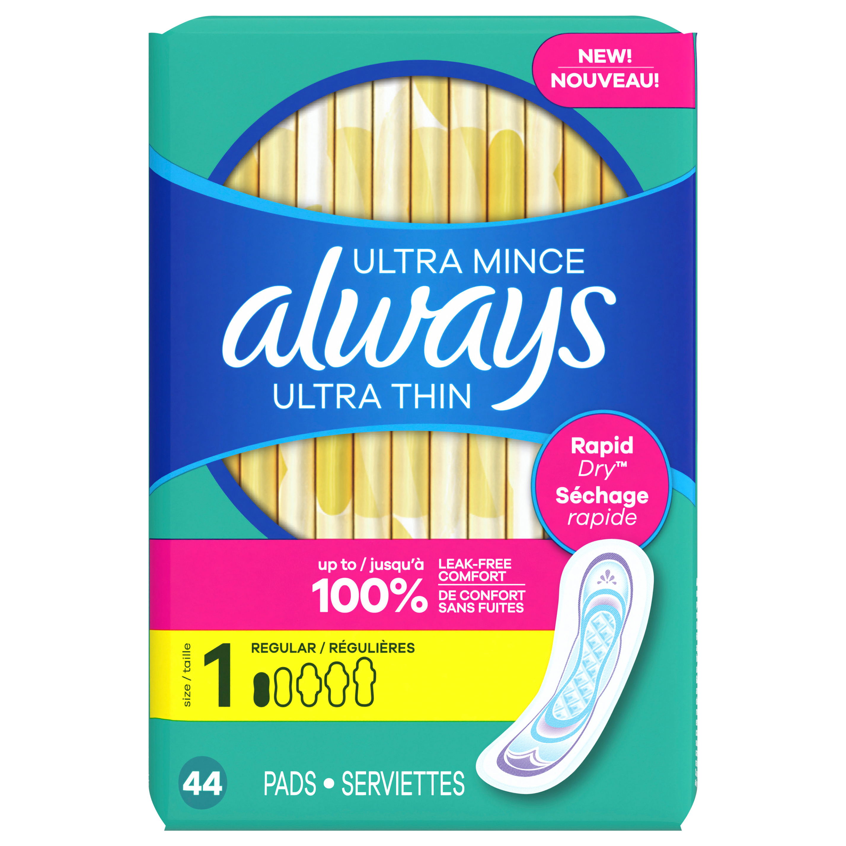 Always Ultra Thin Feminine Pads without Wings for Women, Size 1, Regular Absorbency, Unscented, 44 Count
