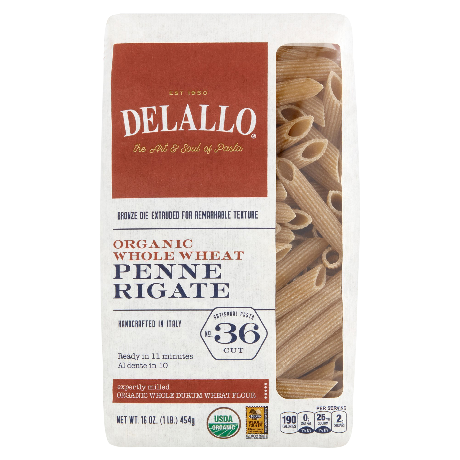 Delallo No. 36 Cut Whole Wheat Organic Penne Rigate