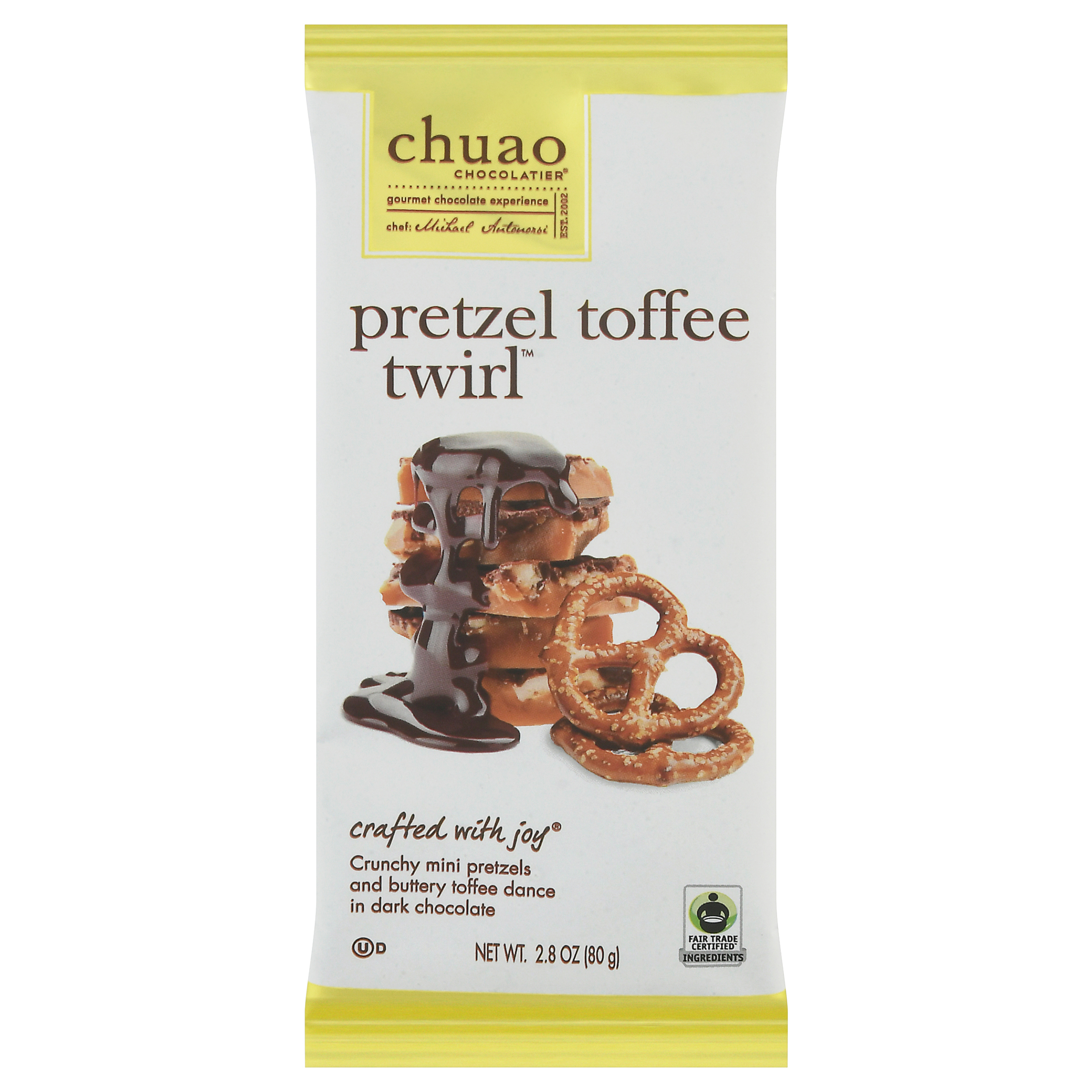 Chuao Chocolatier Pretzel Toffee Twirl Dark Chocolate Bar 2.8 oz Wrapper