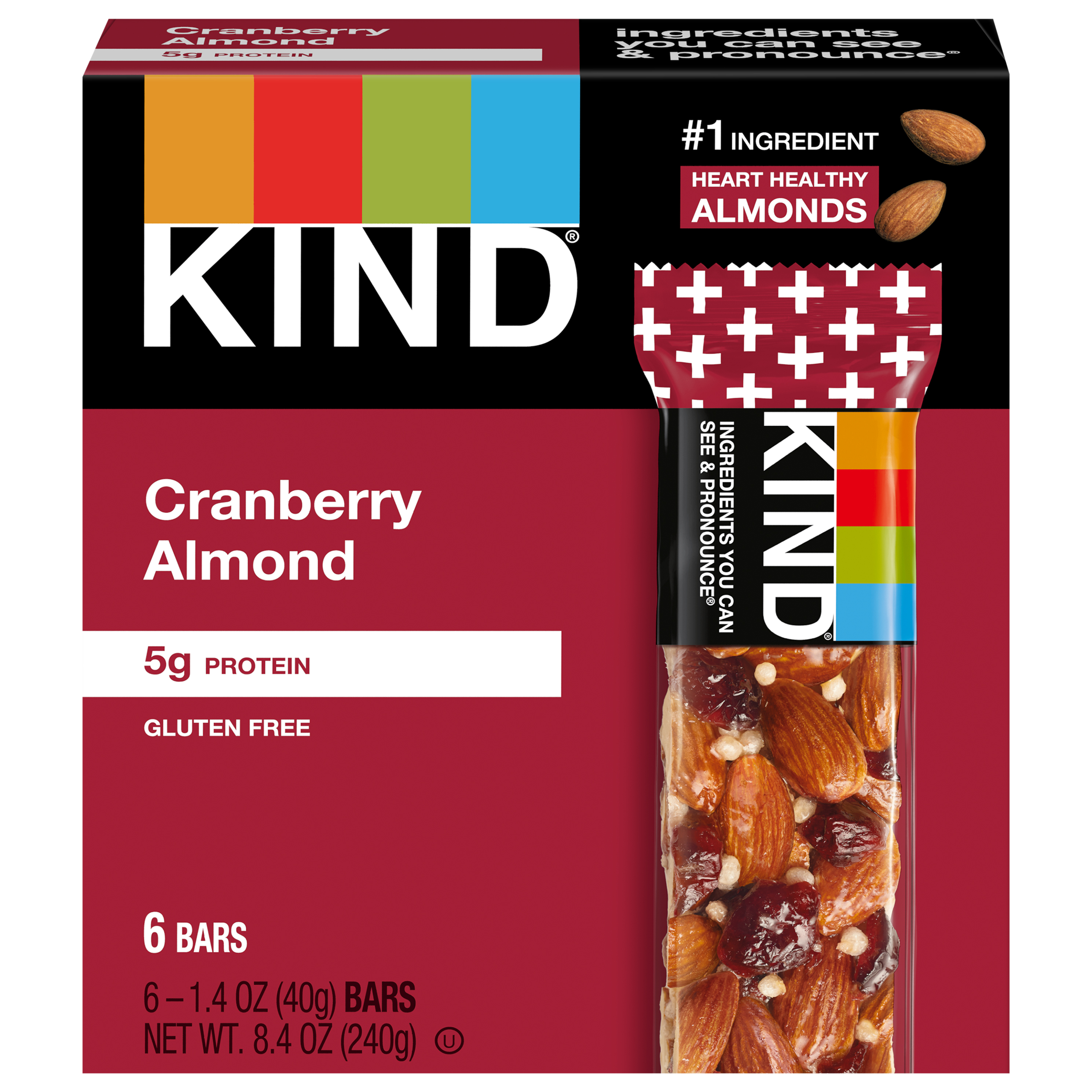 KIND Healthy Snack Bar, Cranberry Almond, 5g Protein, Gluten Free Bars, 1.4 OZ, (6 Count)