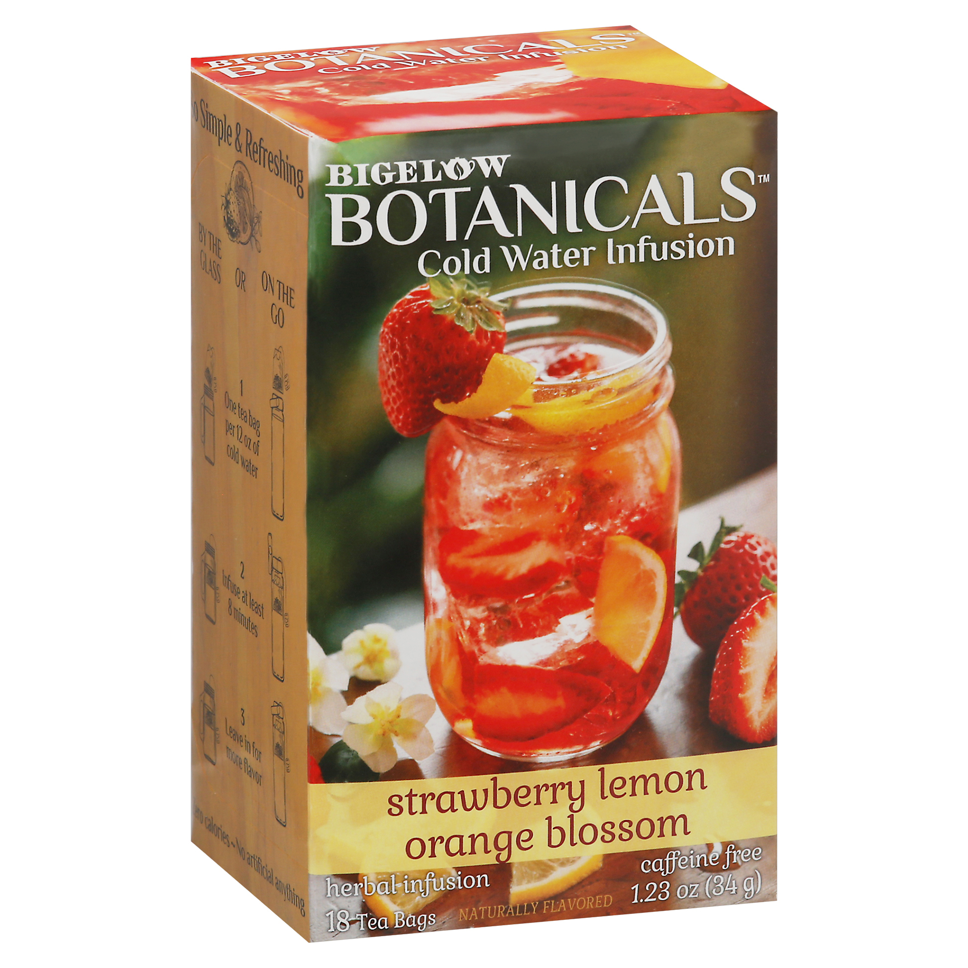 Bigelow Botanicals Caffeine Free Strawberry Lemon Orange Blossom Cold Water Infusion 18 Tea Bags Box