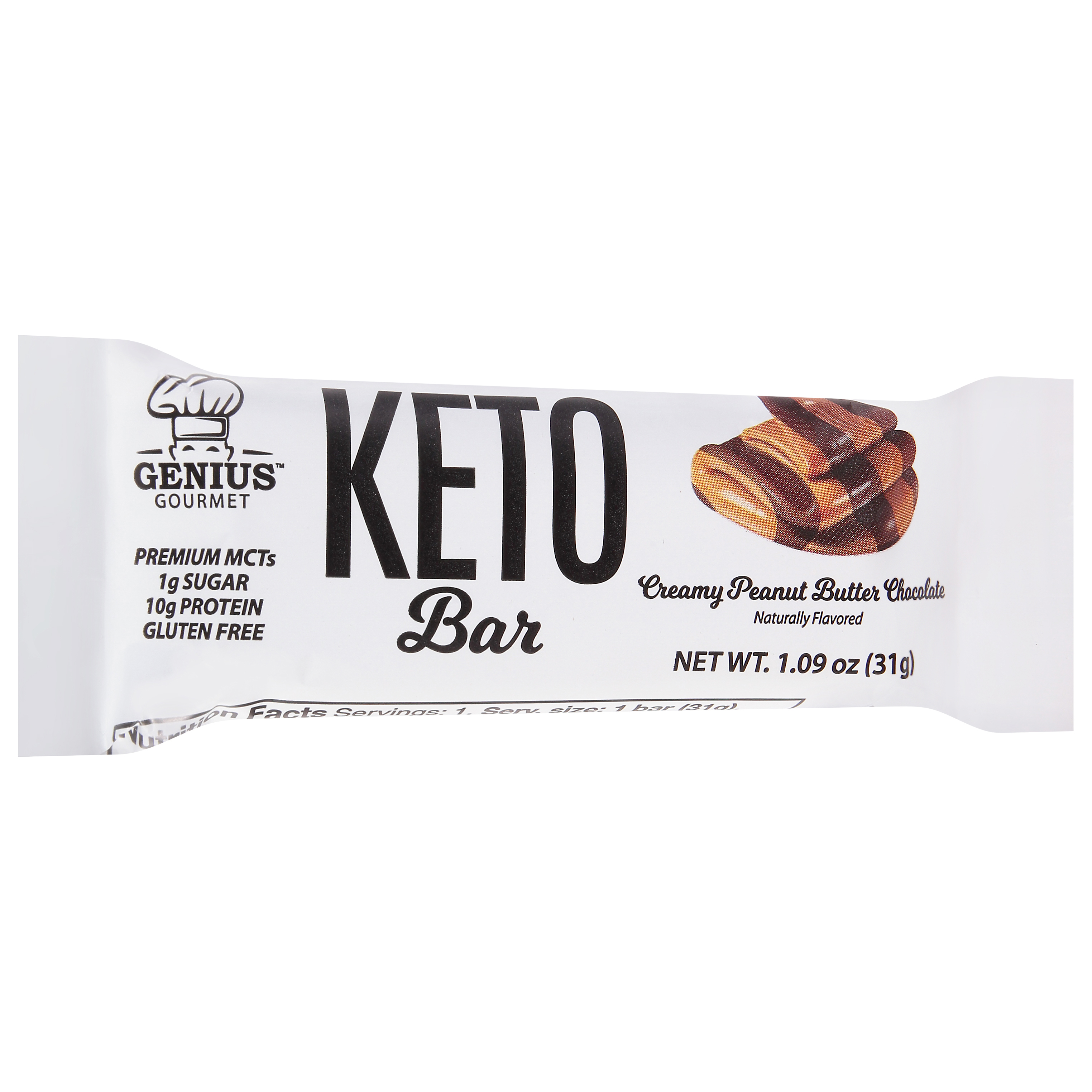 Genius Gourmet Creamy Peanut Butter Chocolate Keto Bar 1.09 oz Wrapper