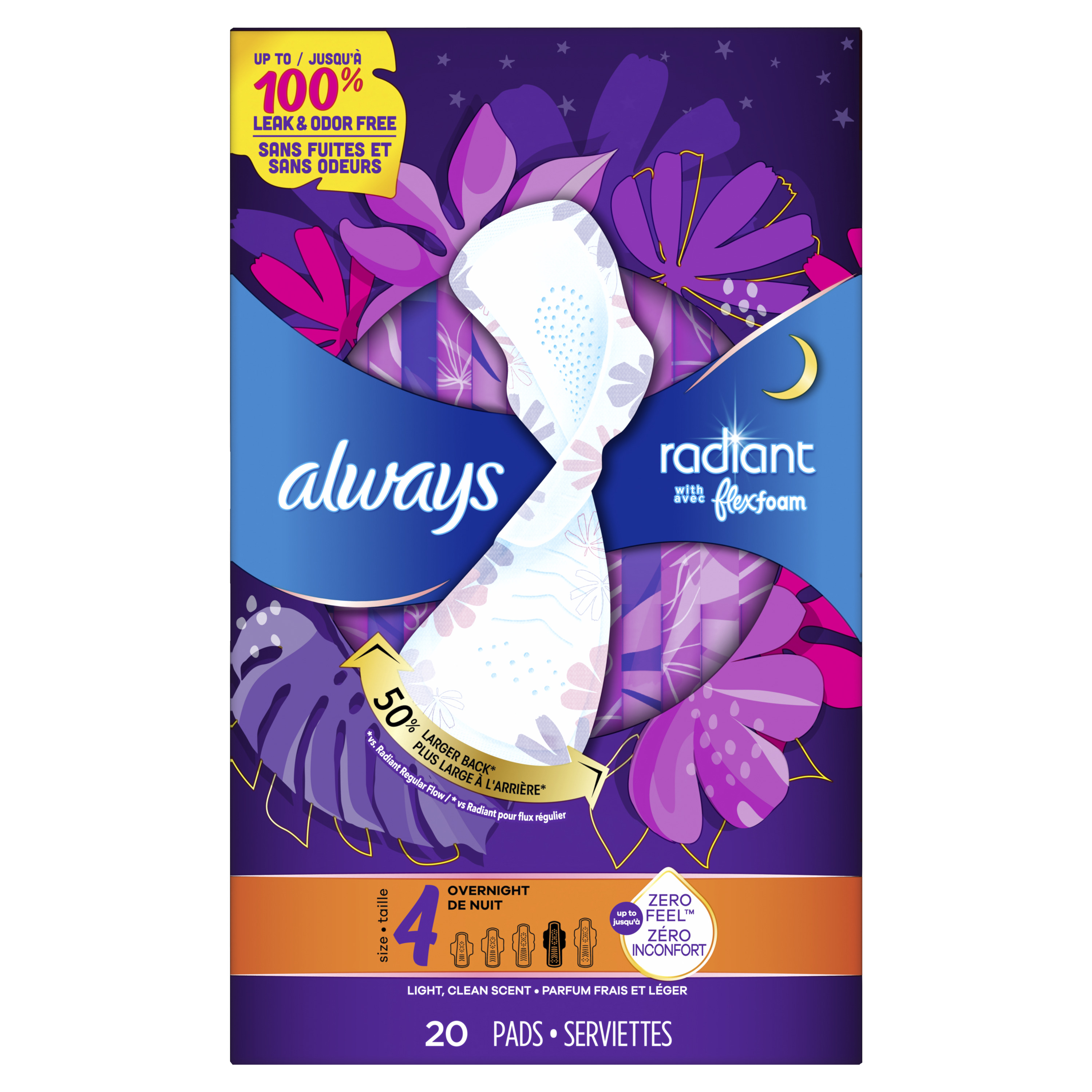 Always Radiant Radiant Overnight Pads, Size 4, 20 Each
