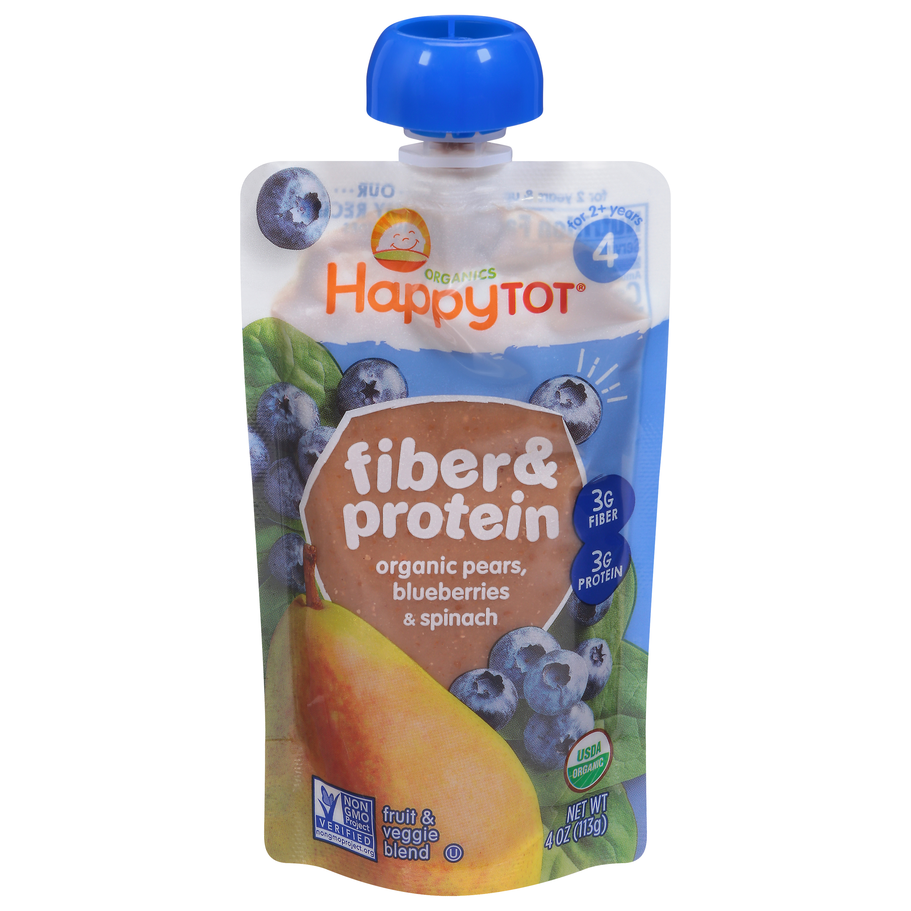 HappyTot Organics Fiber & Protein 4 (2+ Years) Organic Pears, Blueberries & Spinach Fruit & Veggie Blend