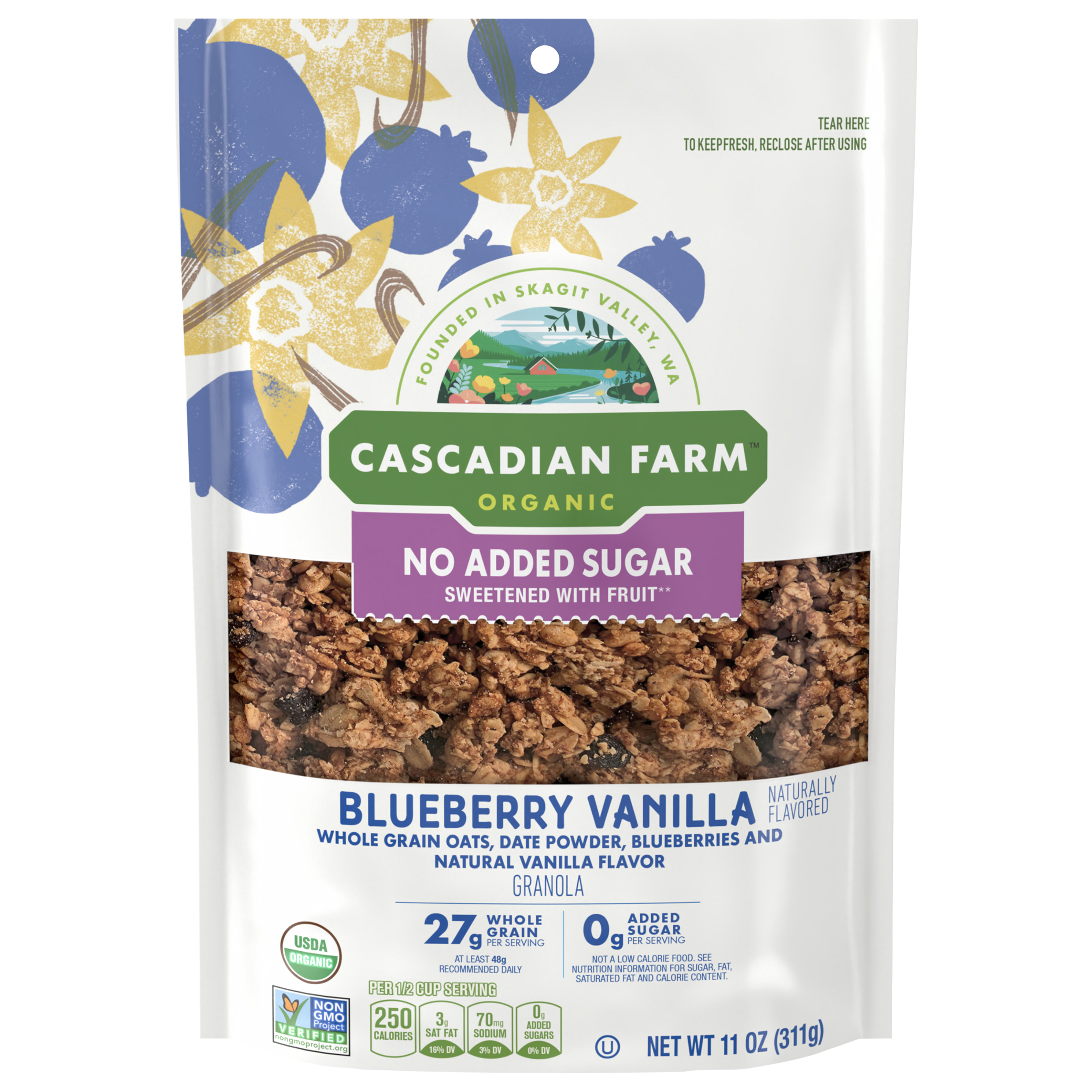 Cascadian Farm Organic Granola with No Added Sugar, Blueberry Vanilla Cereal, Resealable Pouch, 11 oz.