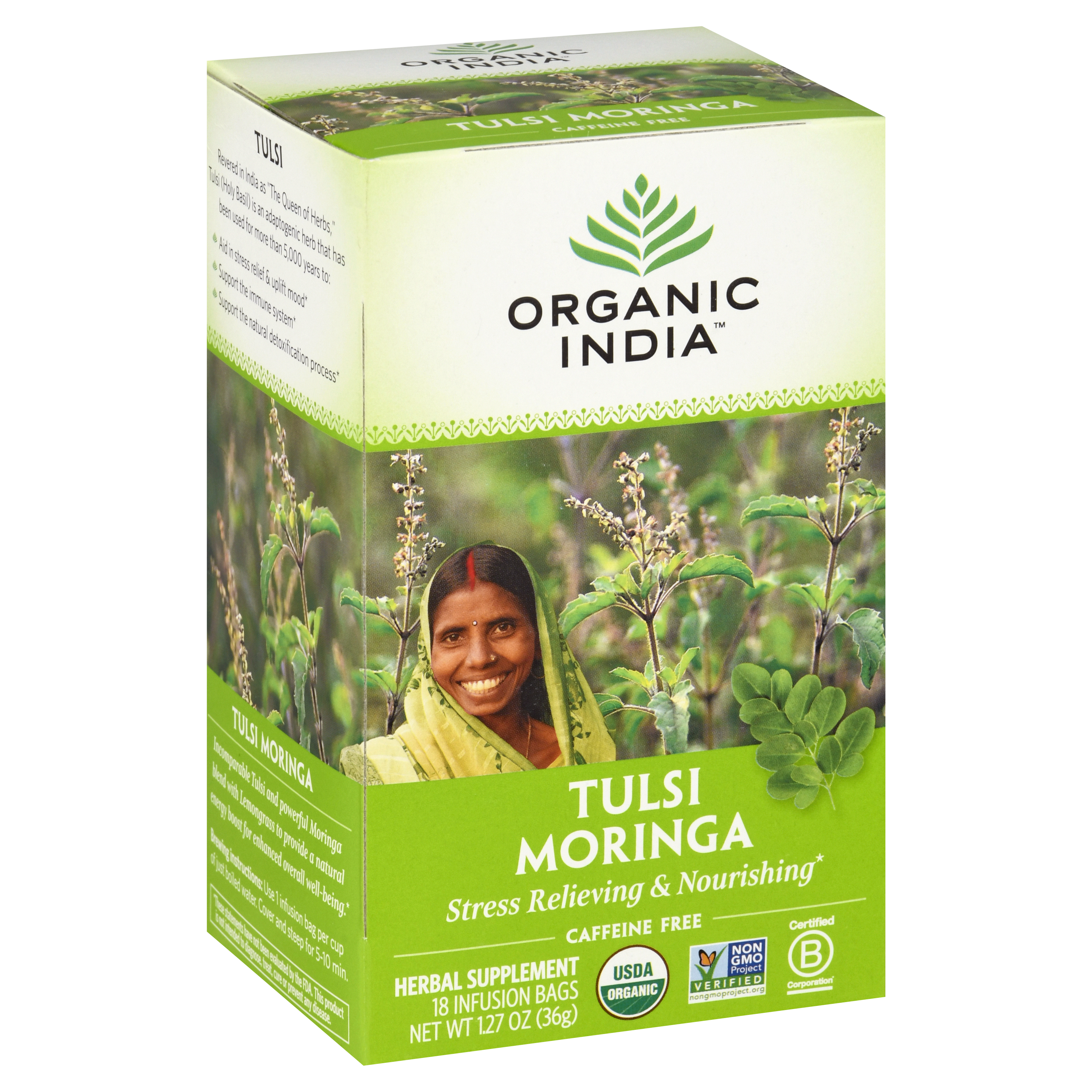 Organic India Caffeine Free Infusion Bags Tulsi Moringa Herbal Supplement