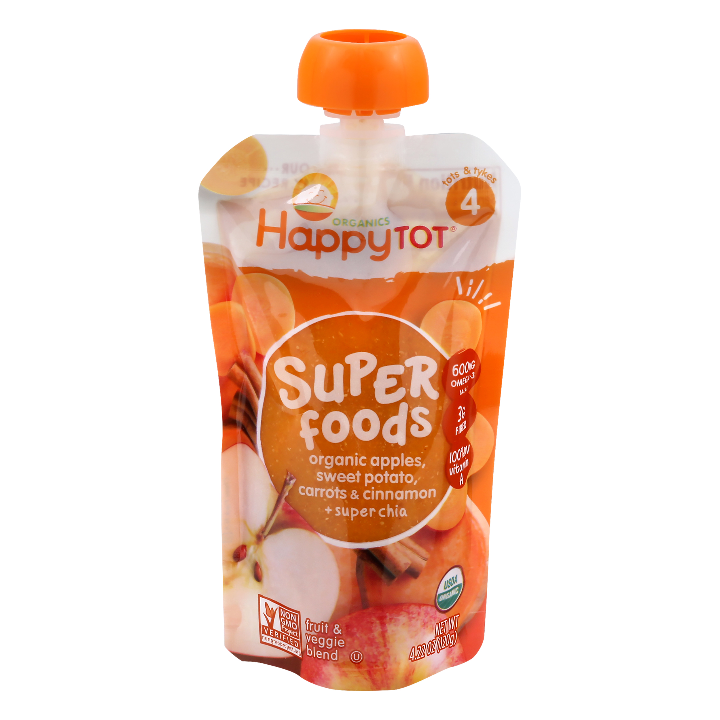 HappyTot Organics Super Foods 4 (Tots & Tykes) Organic Apples, Sweet Potato, Carrots & Cinnamon + Super Chia Fruit & Veggie Blend