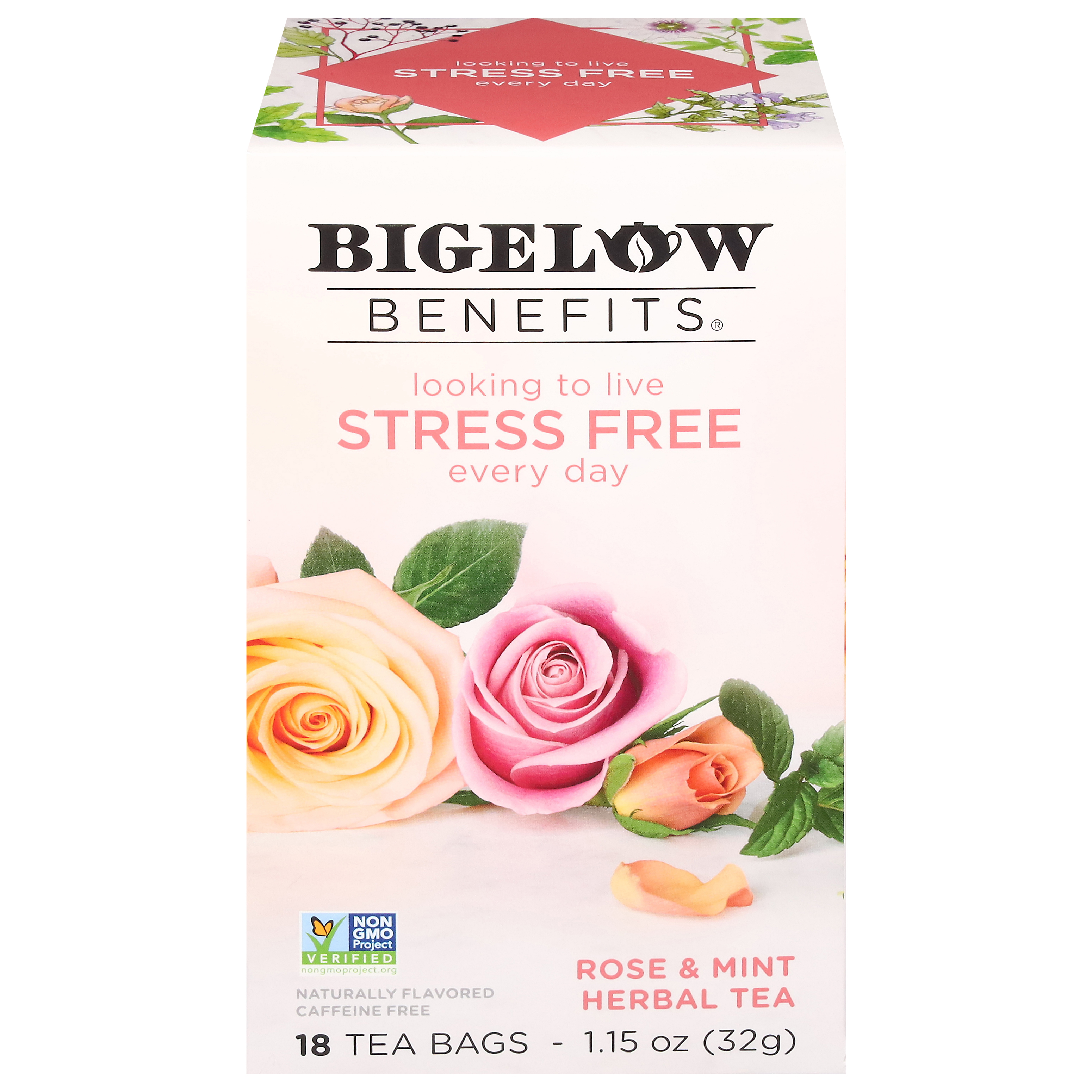 Bigelow Benefits STRESS FREE Rose and Mint Caffeine Free Herbal Tea, Tea Bags,