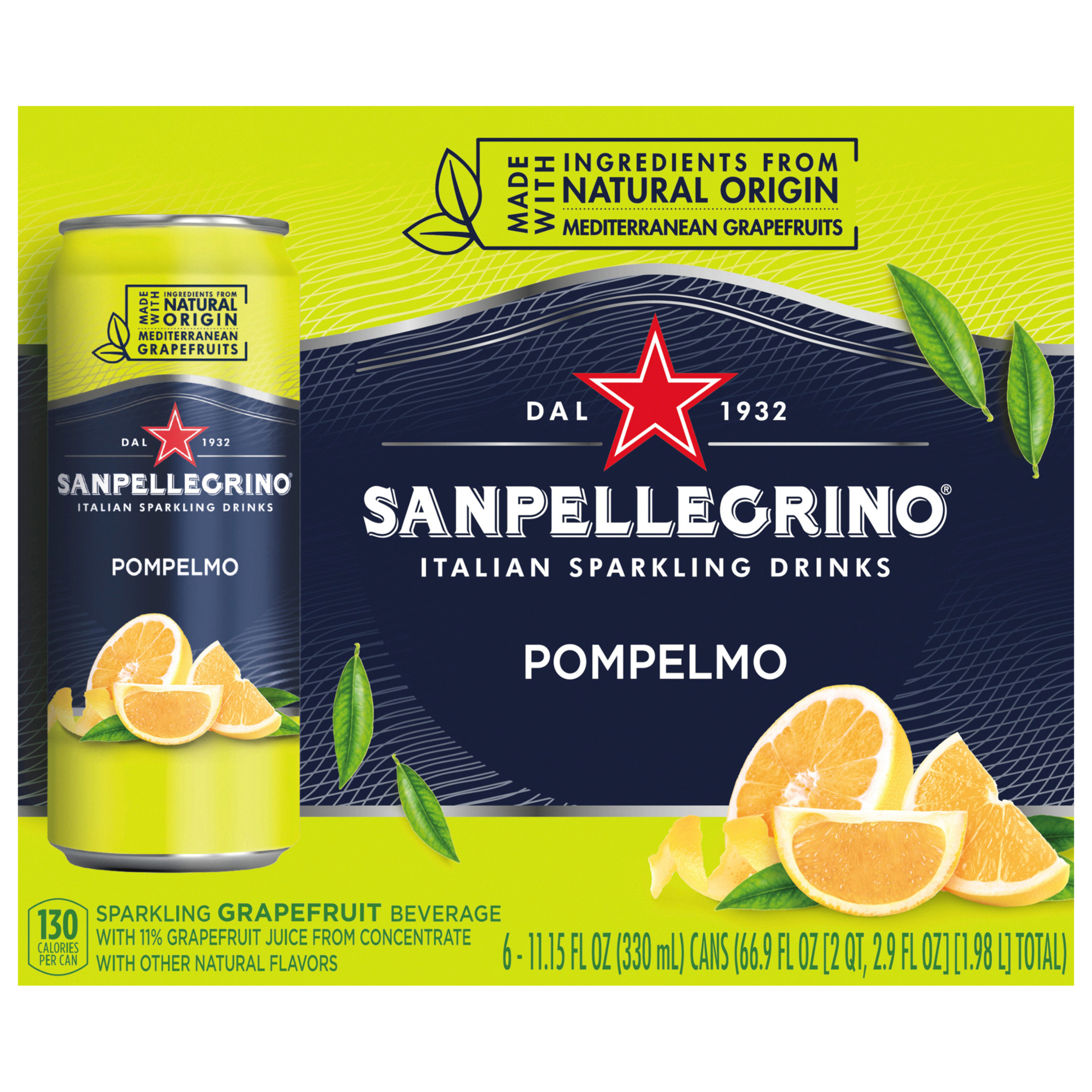 Sanpellegrino Italian Sparkling Drink Pompelmo, Sparkling Grapefruit Beverage, 6 Pack of Cans