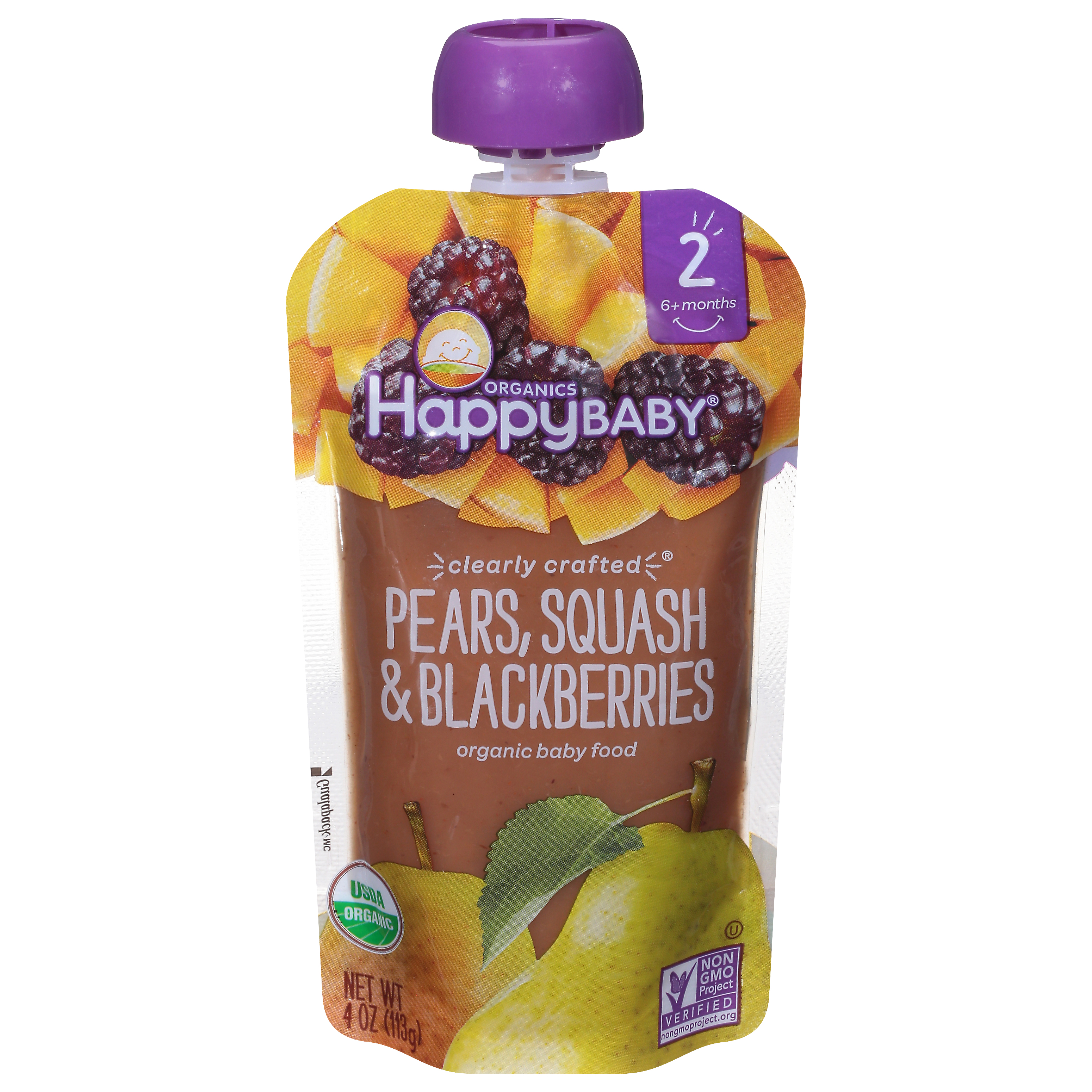 HappyBaby Organics Stage 2 (6+ Months) Pears, Squash & Blackberries Baby Food Stage 2